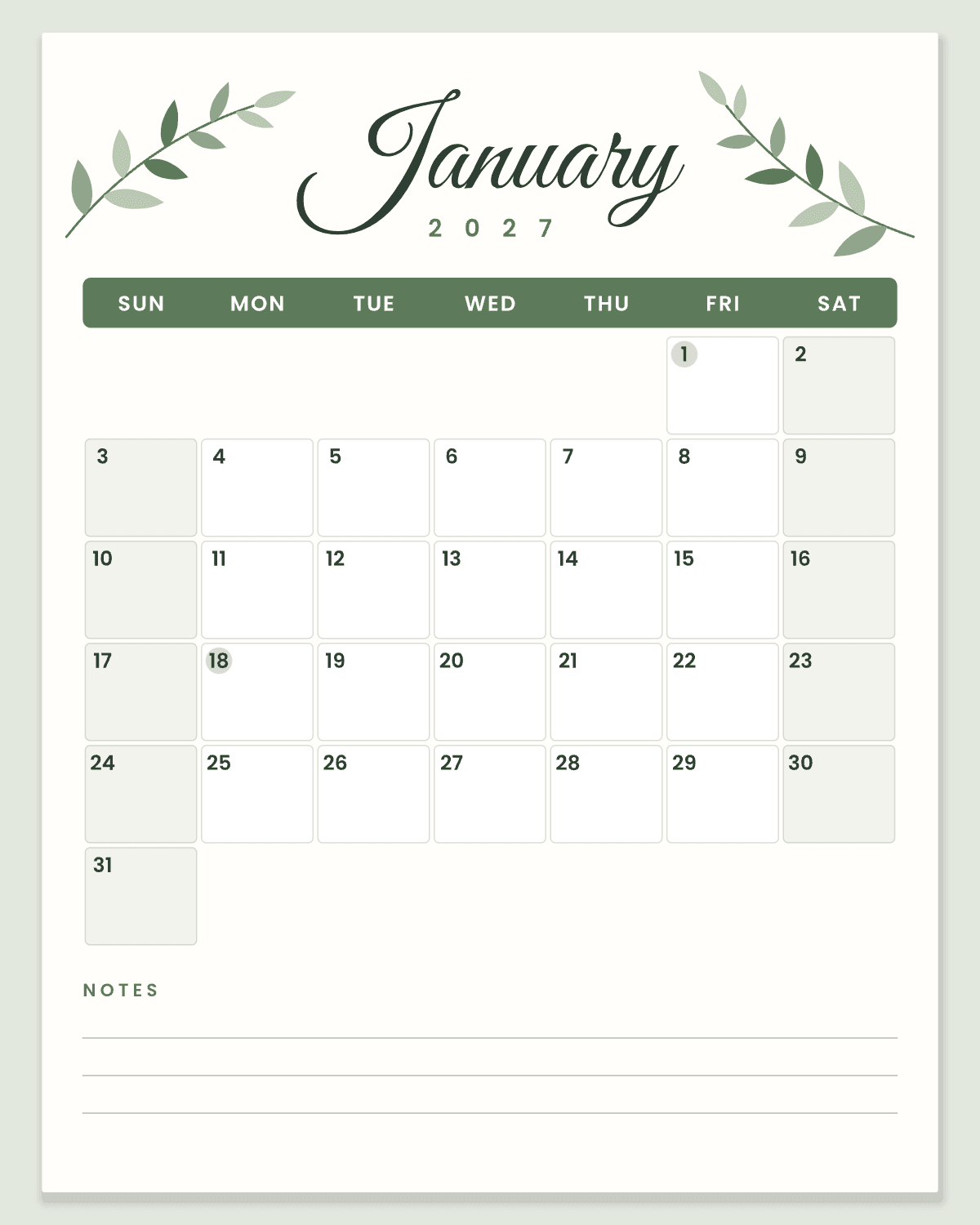 2027 Monthly Calendar Printable