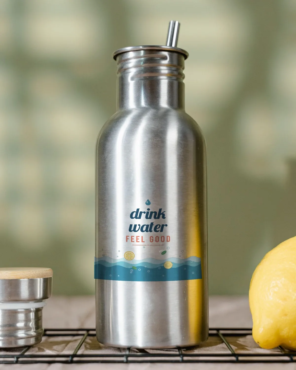 Water Bottle with the "Drink water, feel good." design