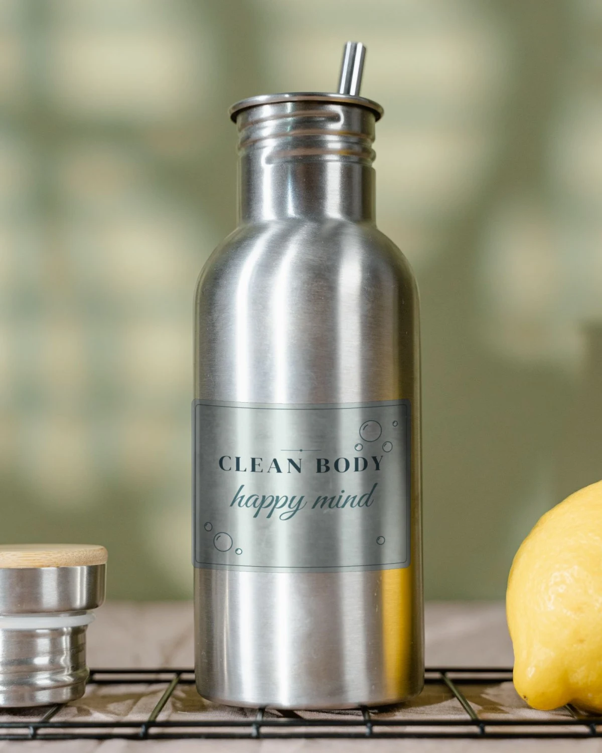 Bathroom Bottle with the "Clean body, happy mind." design
