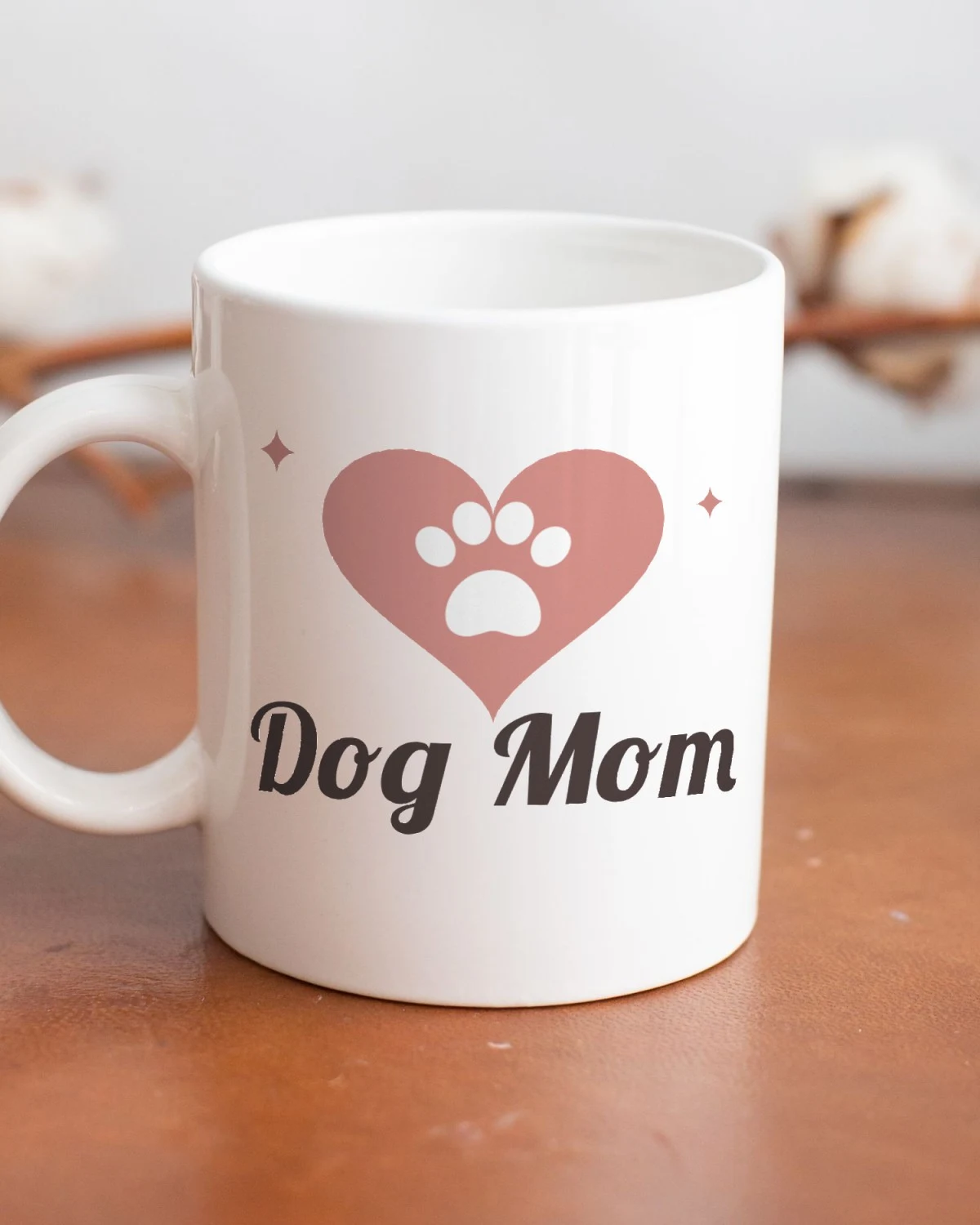 Dog Mom SVG printed on a white ceramic mug