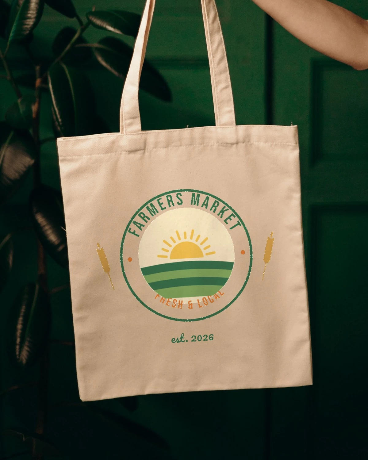 Farmers Market SVG printed on a canvas tote bag