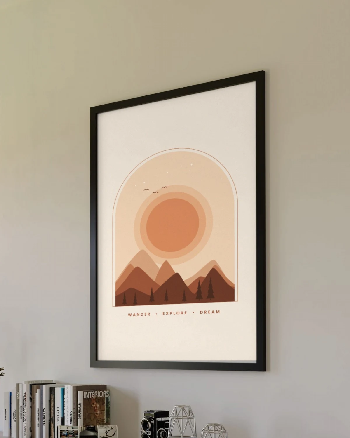 Boho Mountain Printable Wall Art framed on a living room wall