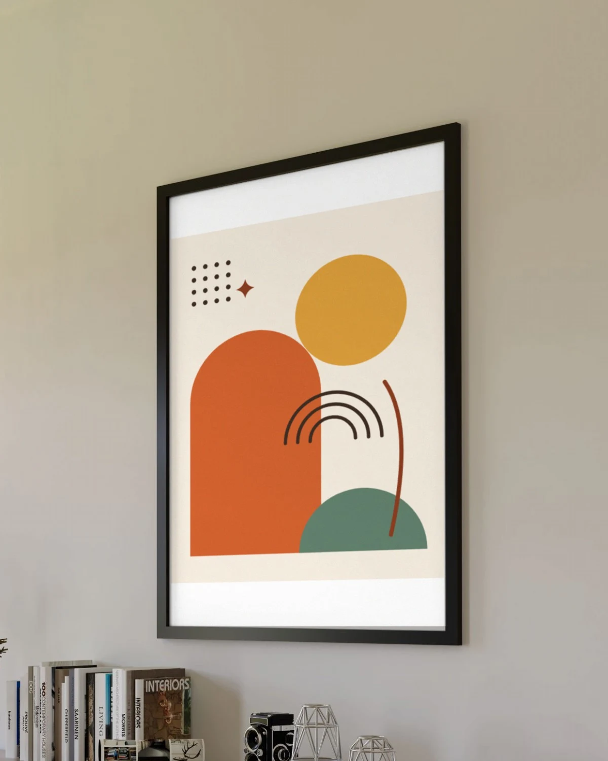 Mid Century Modern Print Set of 3 framed on a living room wall