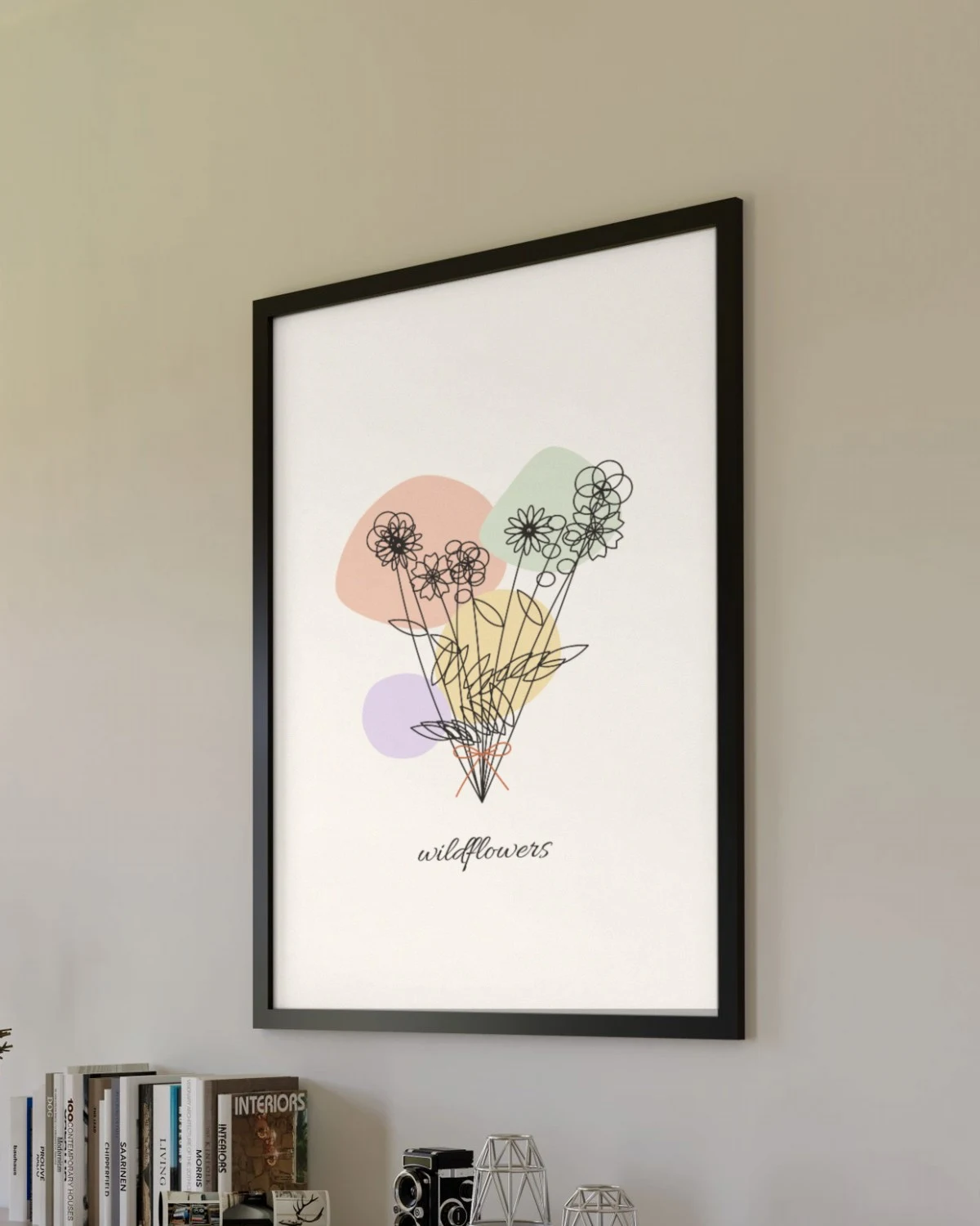 Wildflower Line Art Illustration framed on a living room wall