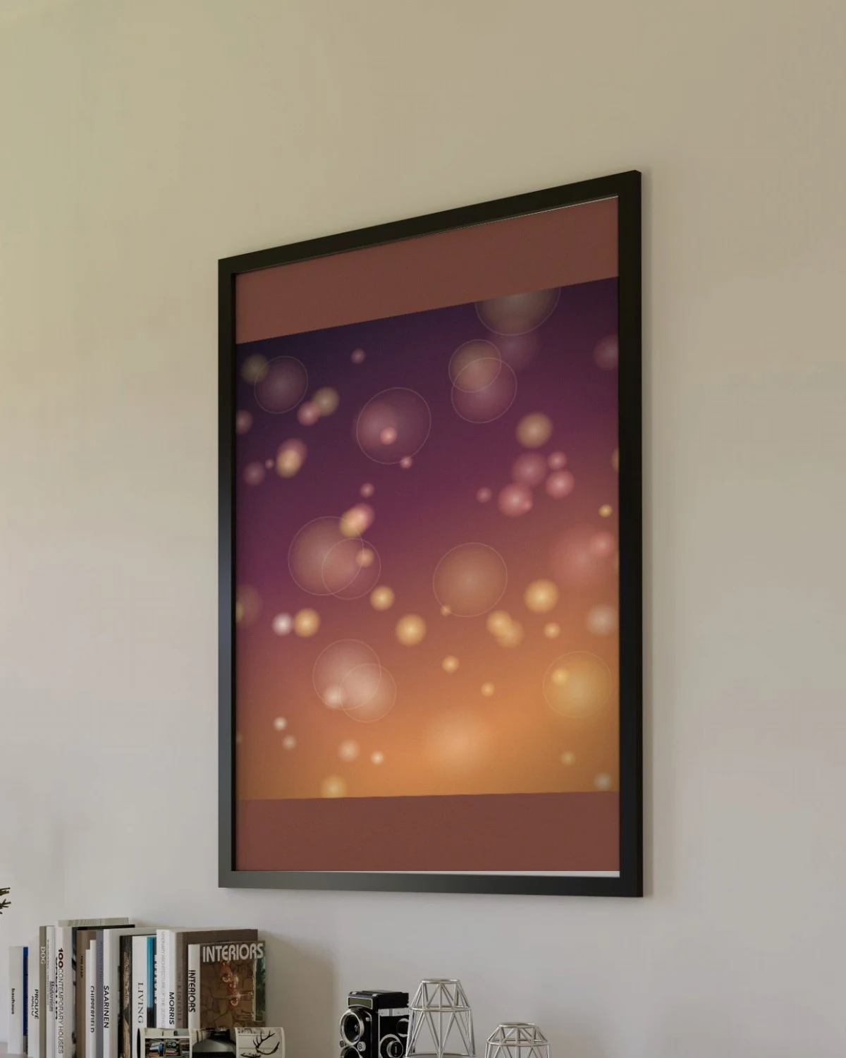 Golden Bokeh Background framed on a living room wall