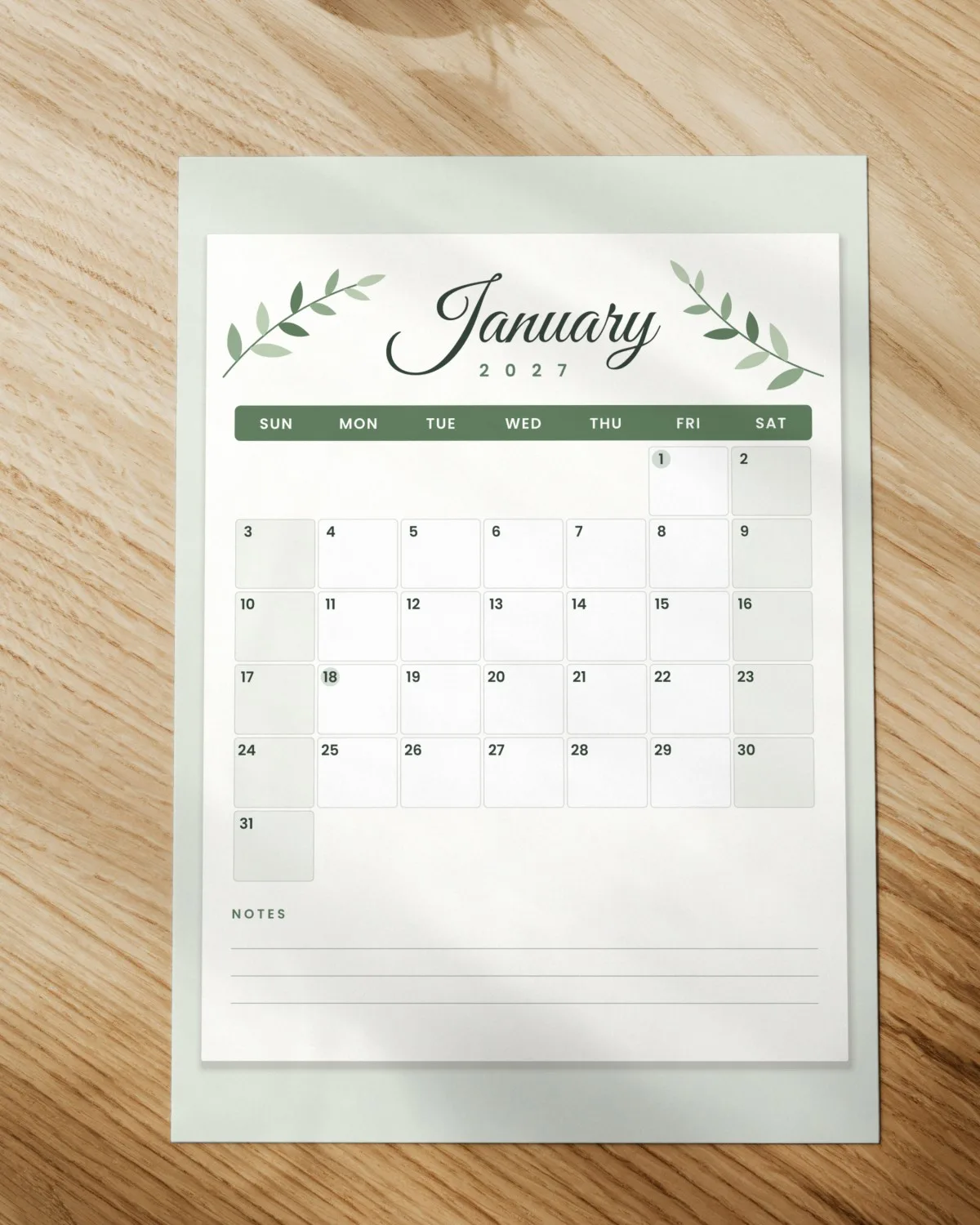 2027 Monthly Calendar Printable printed on paper