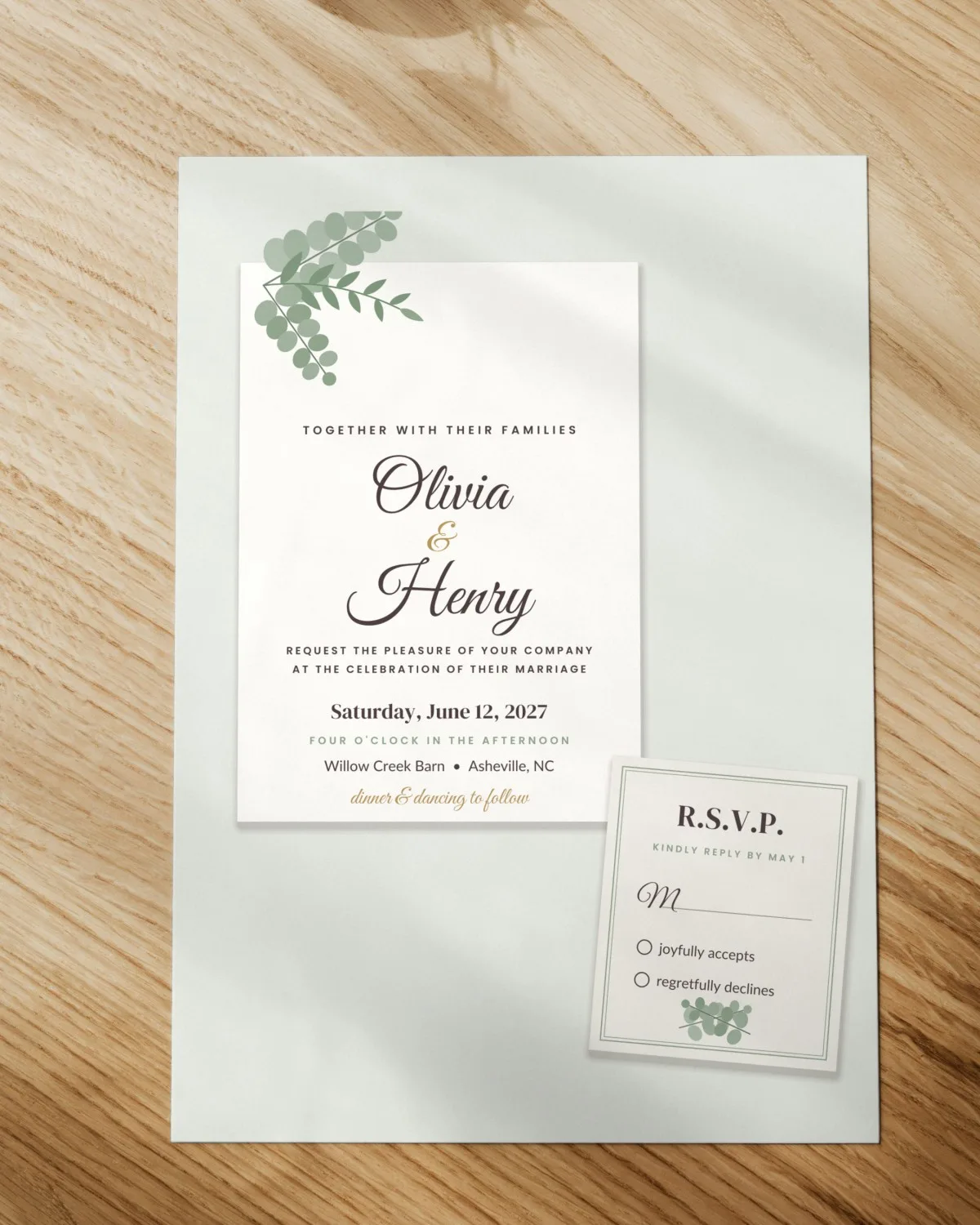 Eucalyptus Wedding Invitation Suite printed on paper