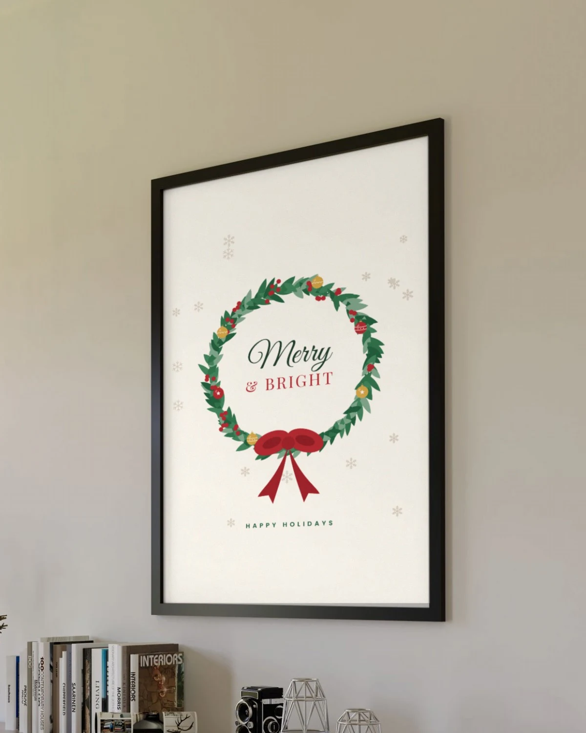Merry and Bright Christmas Printable framed on a living room wall