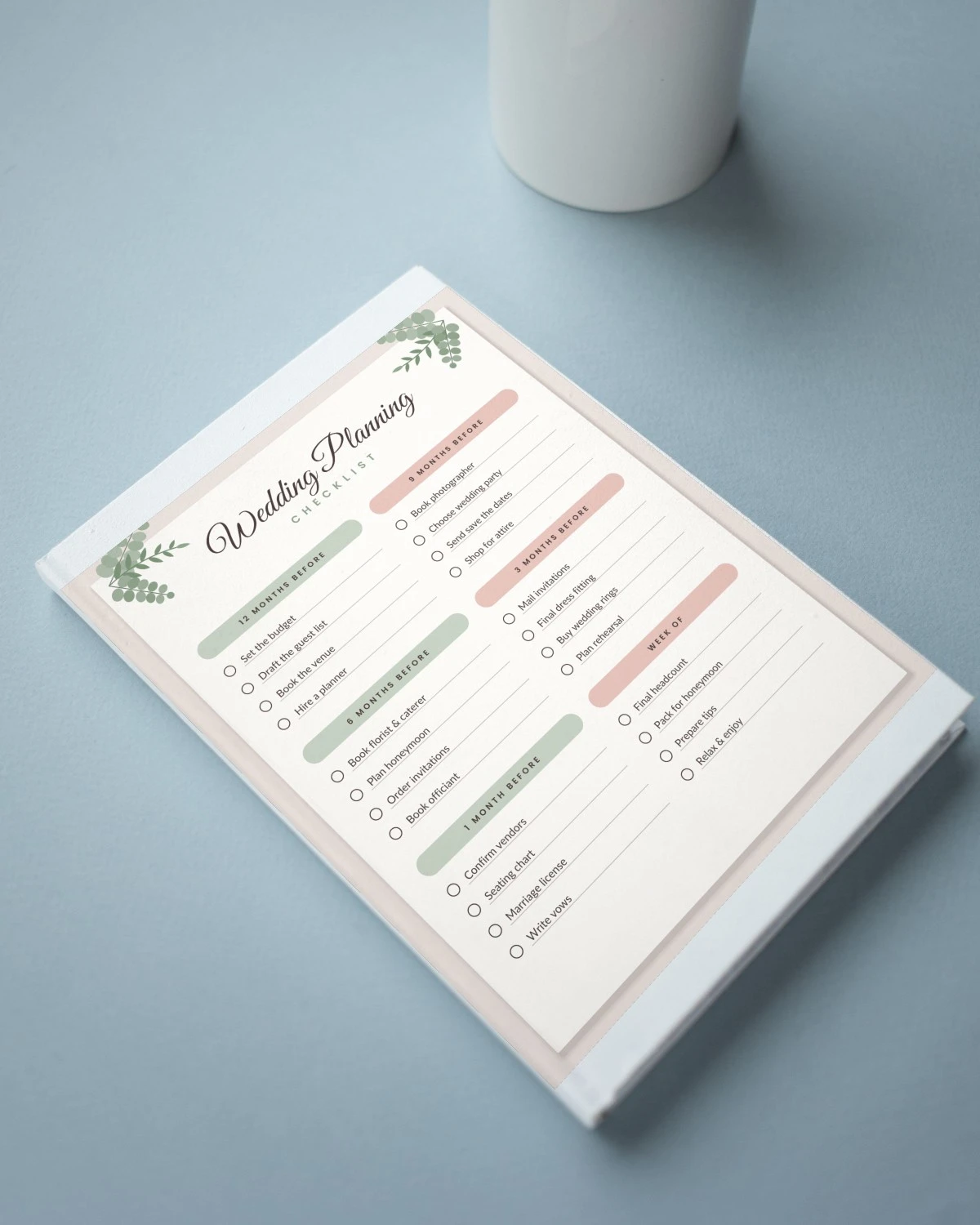 Wedding Planning Checklist Printable printed on a notebook cover
