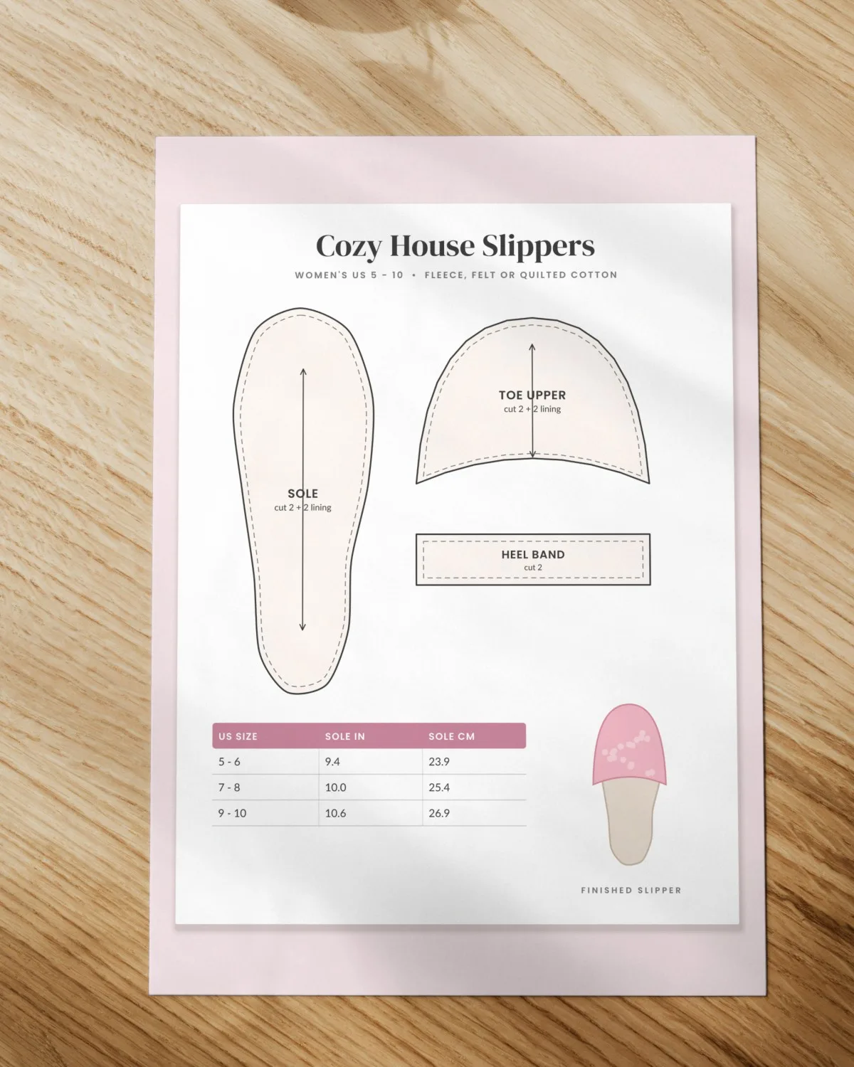 Slipper Sewing Pattern printed on paper