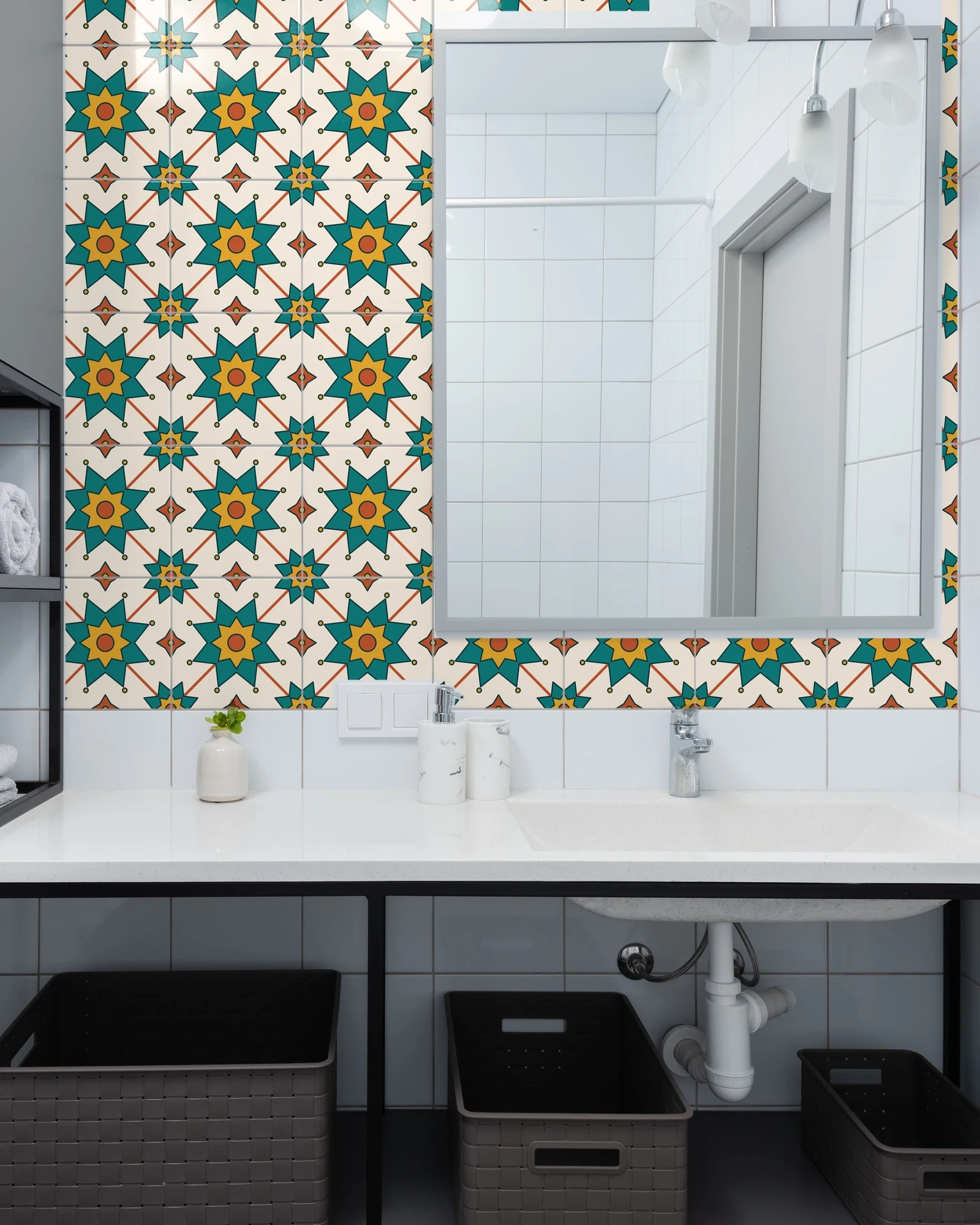 Moroccan Zellige Star Teal and Gold tiles as a bathroom backsplash above a vanity