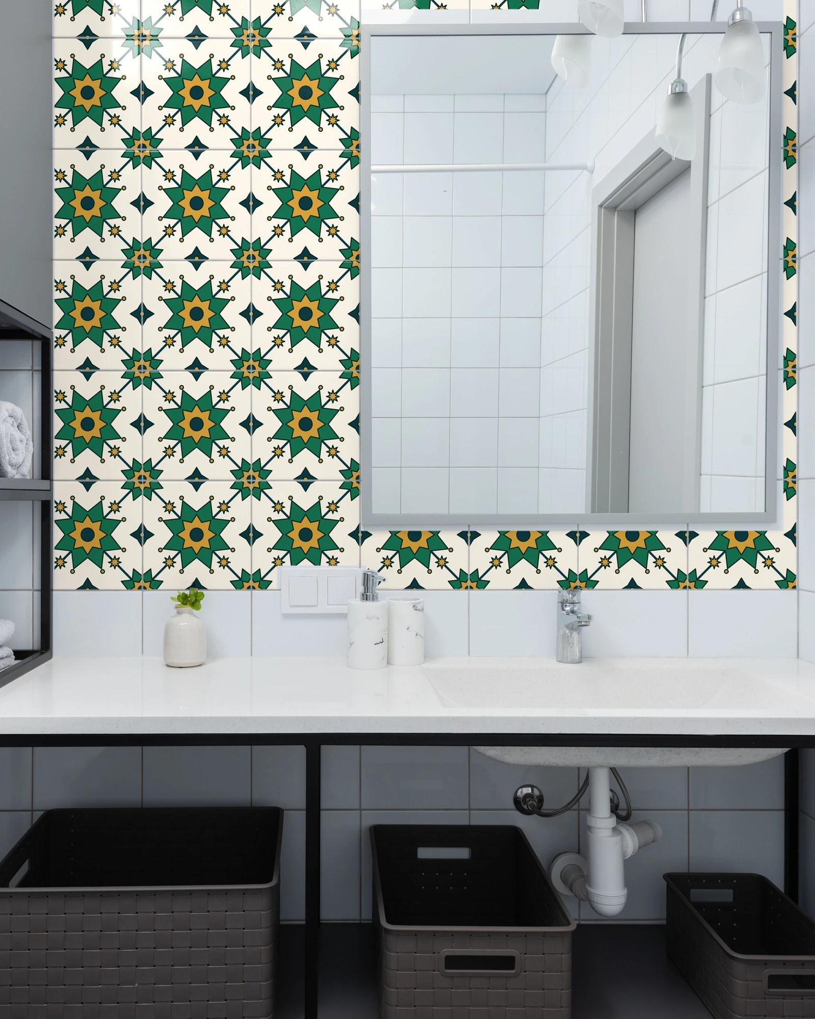 Moroccan Zellige Star Emerald and Ivory tiles as a bathroom backsplash above a vanity