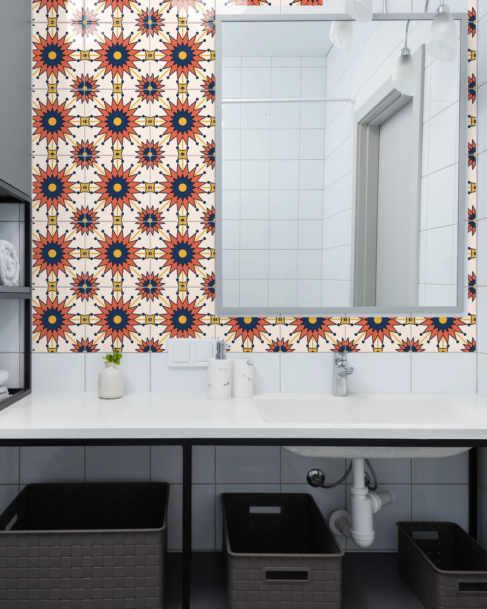 Moroccan Zellige Star Coral and Navy tiles as a bathroom backsplash above a vanity