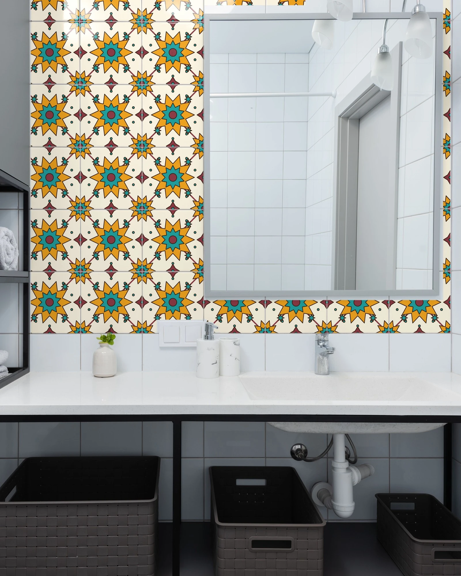Moroccan Zellige Star Saffron and Turquoise tiles as a bathroom backsplash above a vanity