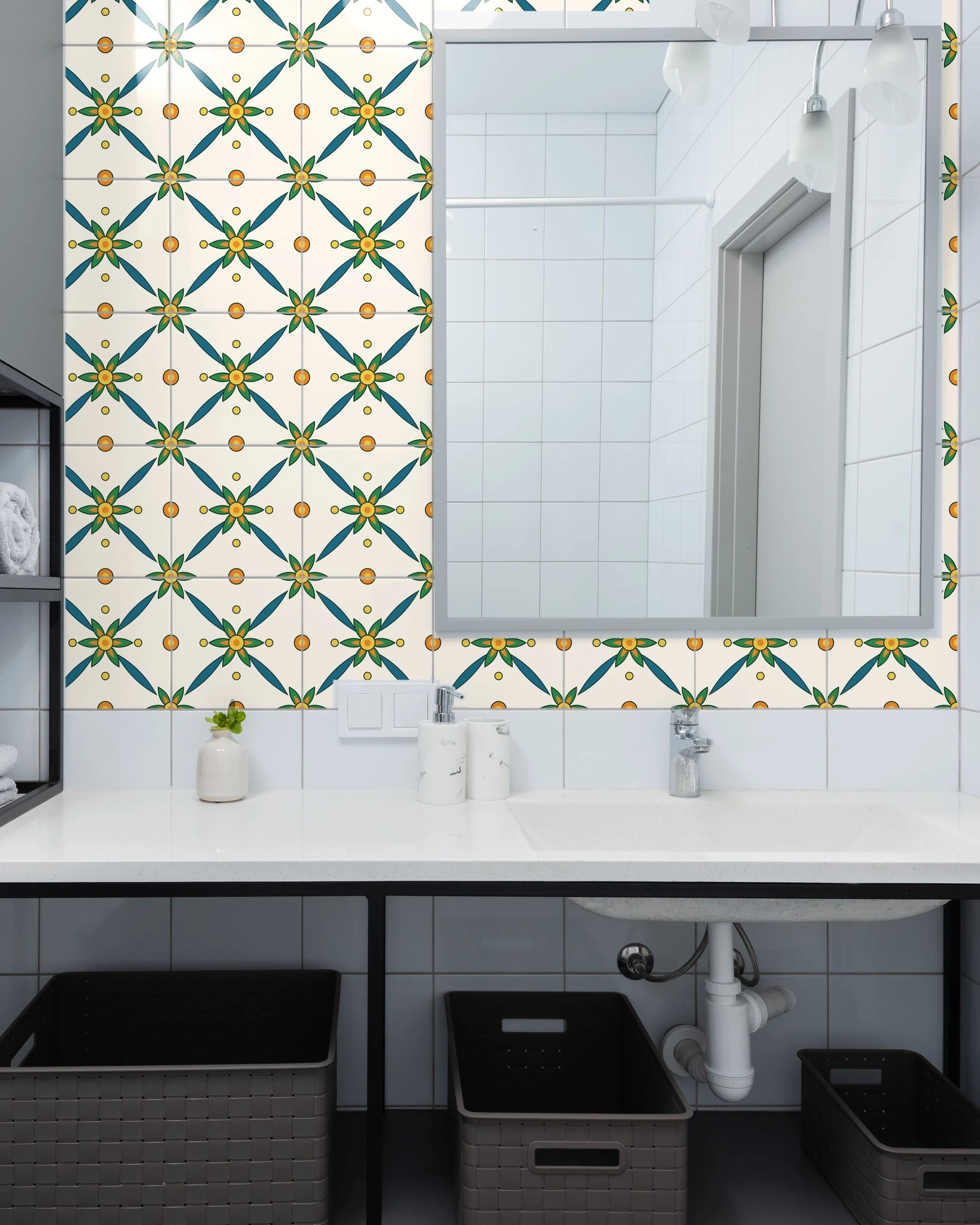Talavera Flower Green and Orange tiles as a bathroom backsplash above a vanity