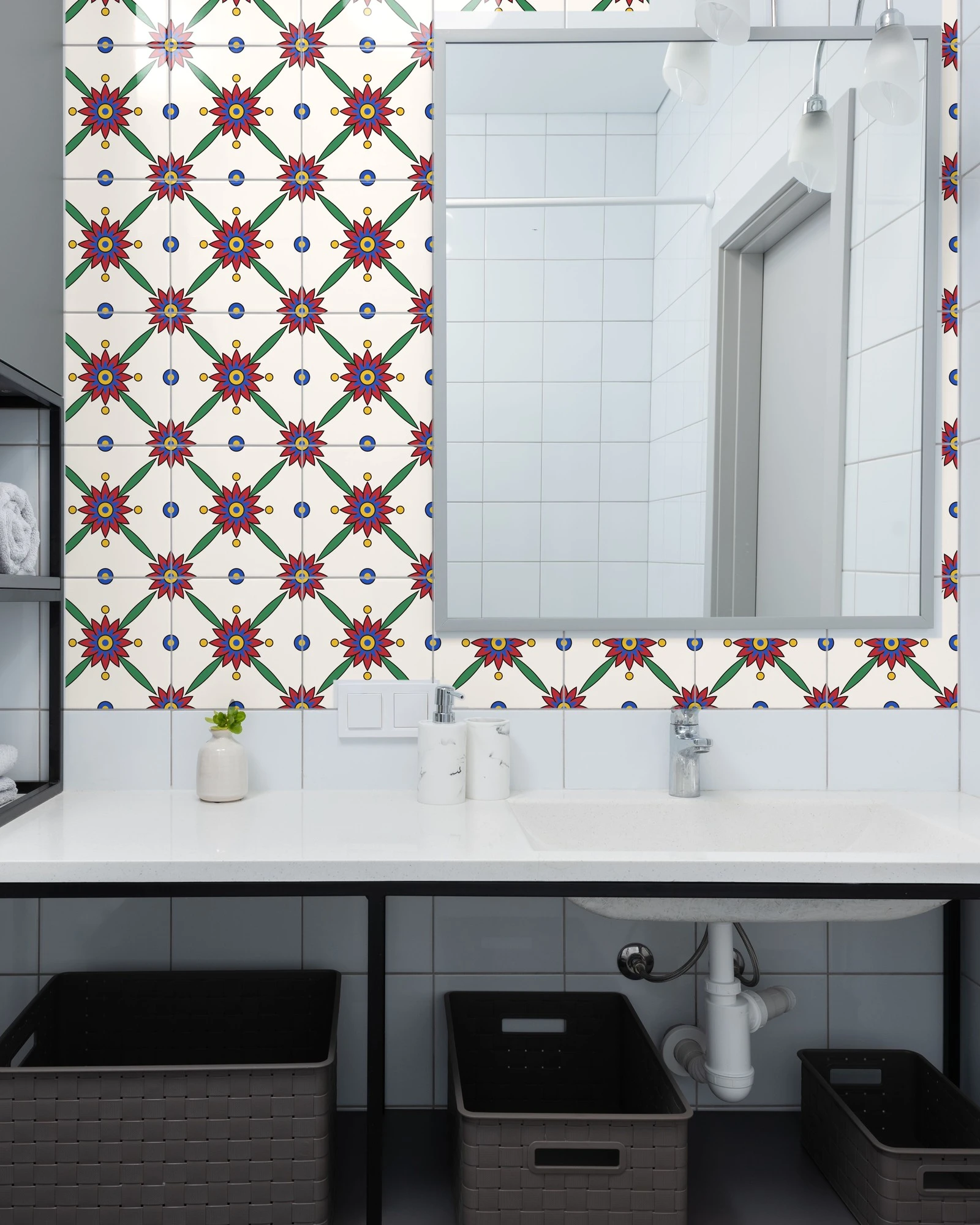 Talavera Flower Red and Blue tiles as a bathroom backsplash above a vanity