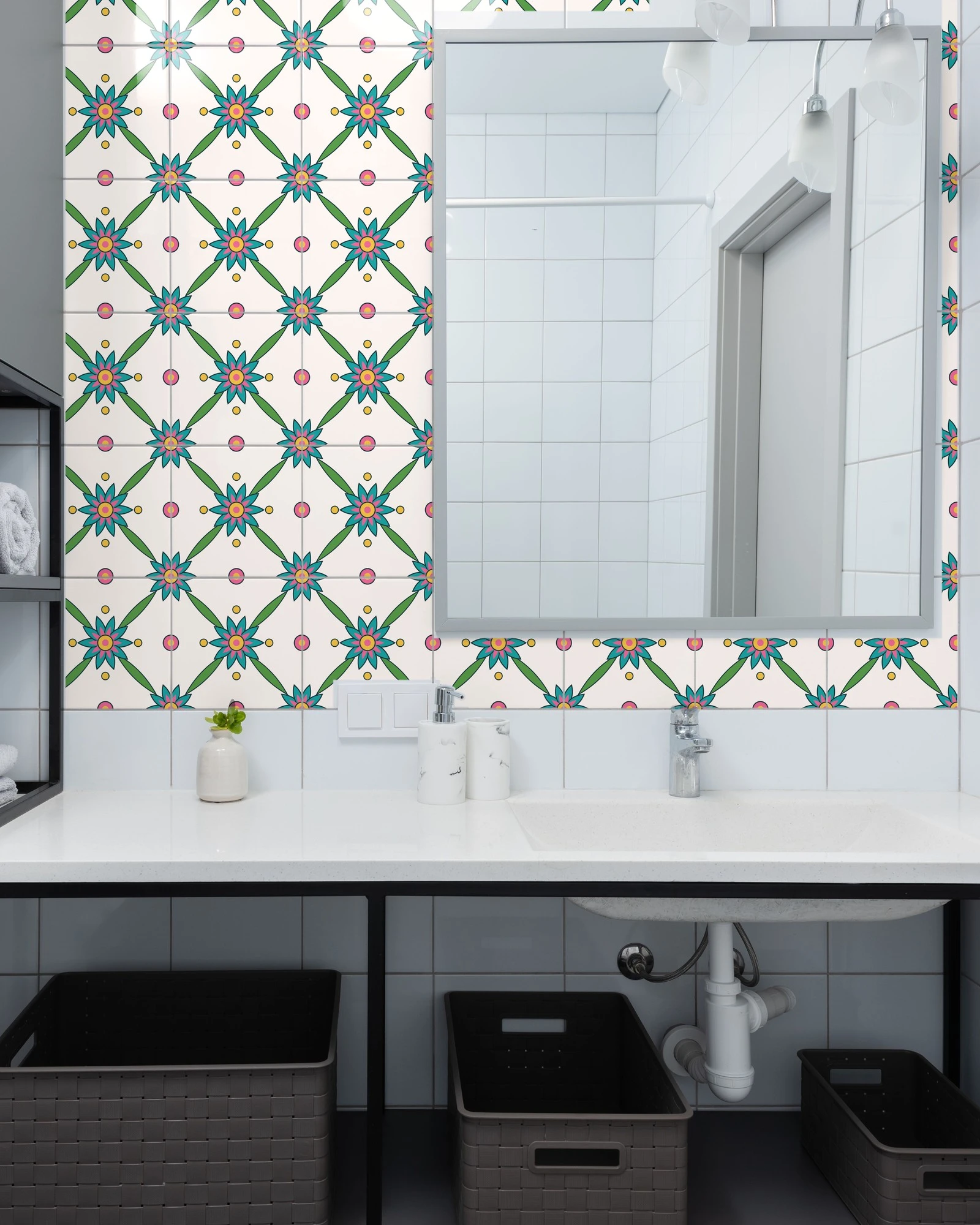 Talavera Flower Turquoise and Pink tiles as a bathroom backsplash above a vanity