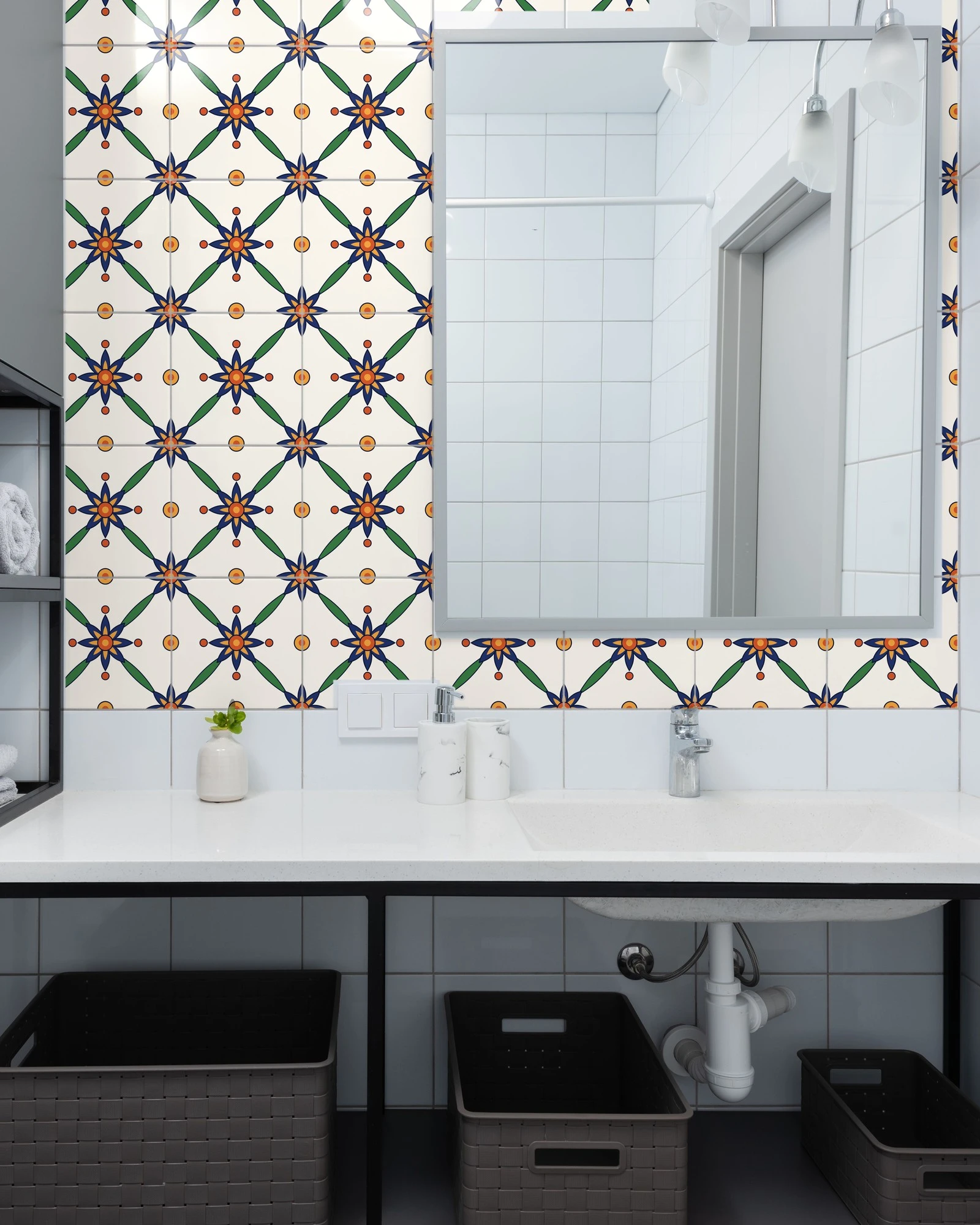 Talavera Flower Navy and Marigold tiles as a bathroom backsplash above a vanity