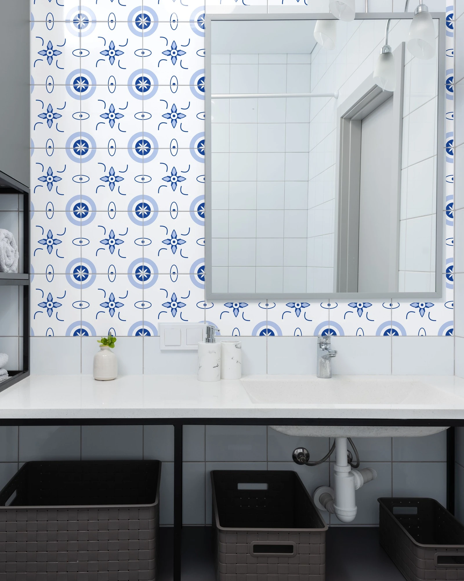 Portuguese Azulejo Classic Blue and White tiles as a bathroom backsplash above a vanity