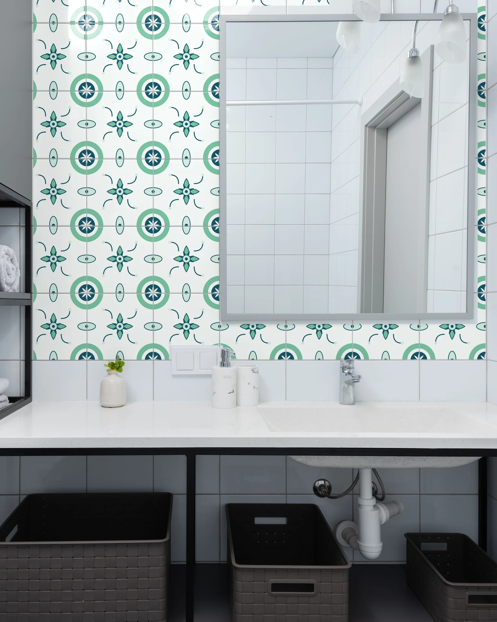 Portuguese Azulejo Green and Blue tiles as a bathroom backsplash above a vanity