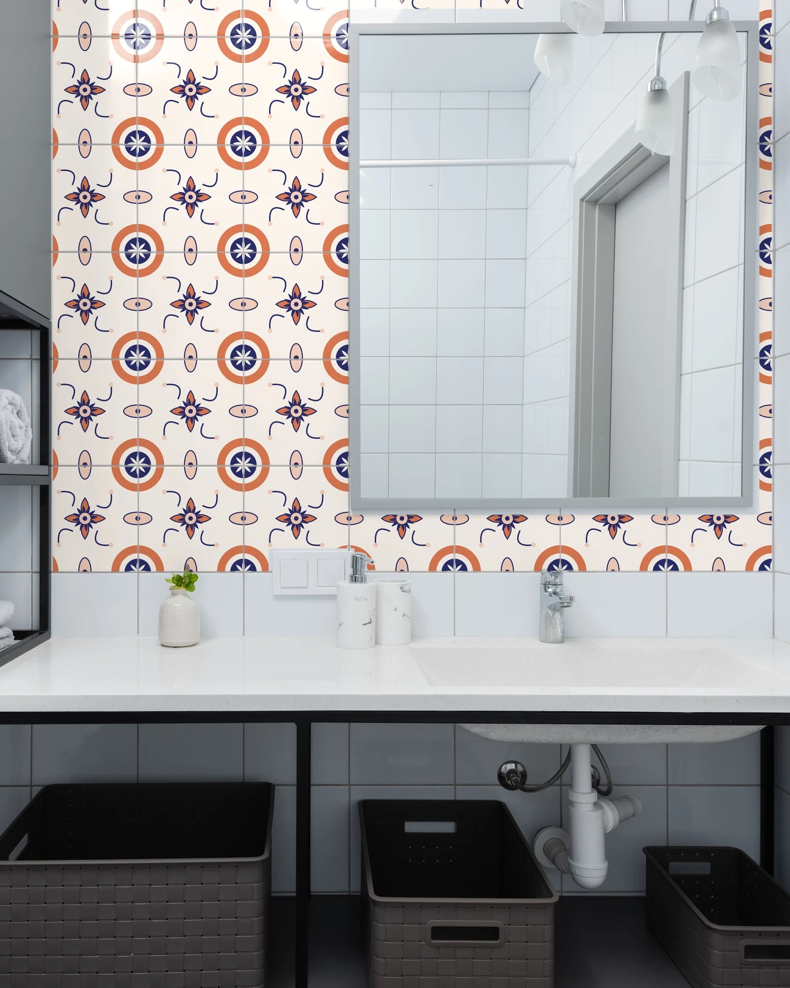 Portuguese Azulejo Terracotta and Indigo tiles as a bathroom backsplash above a vanity