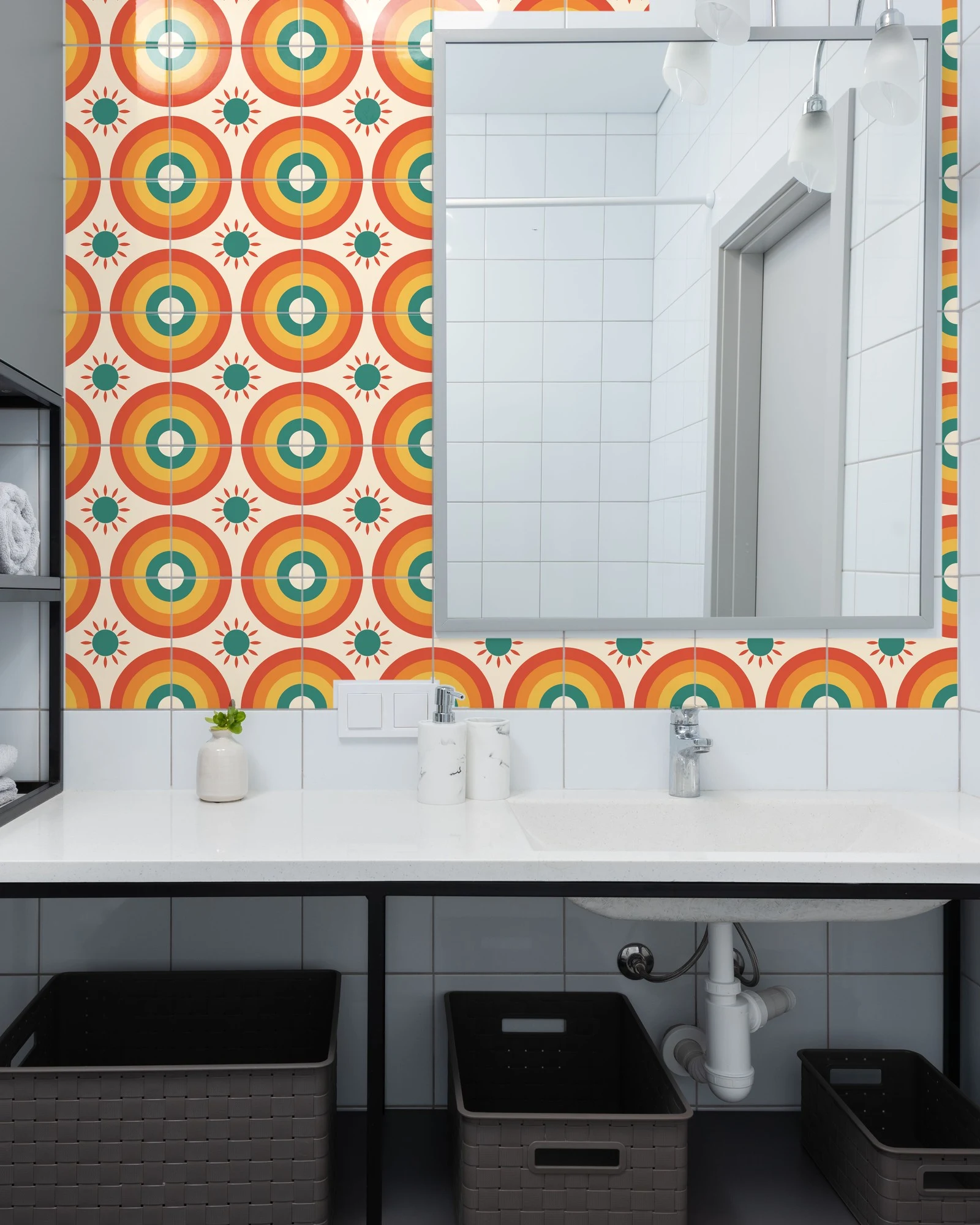 Sunset Rainbow tiles as a bathroom backsplash above a vanity