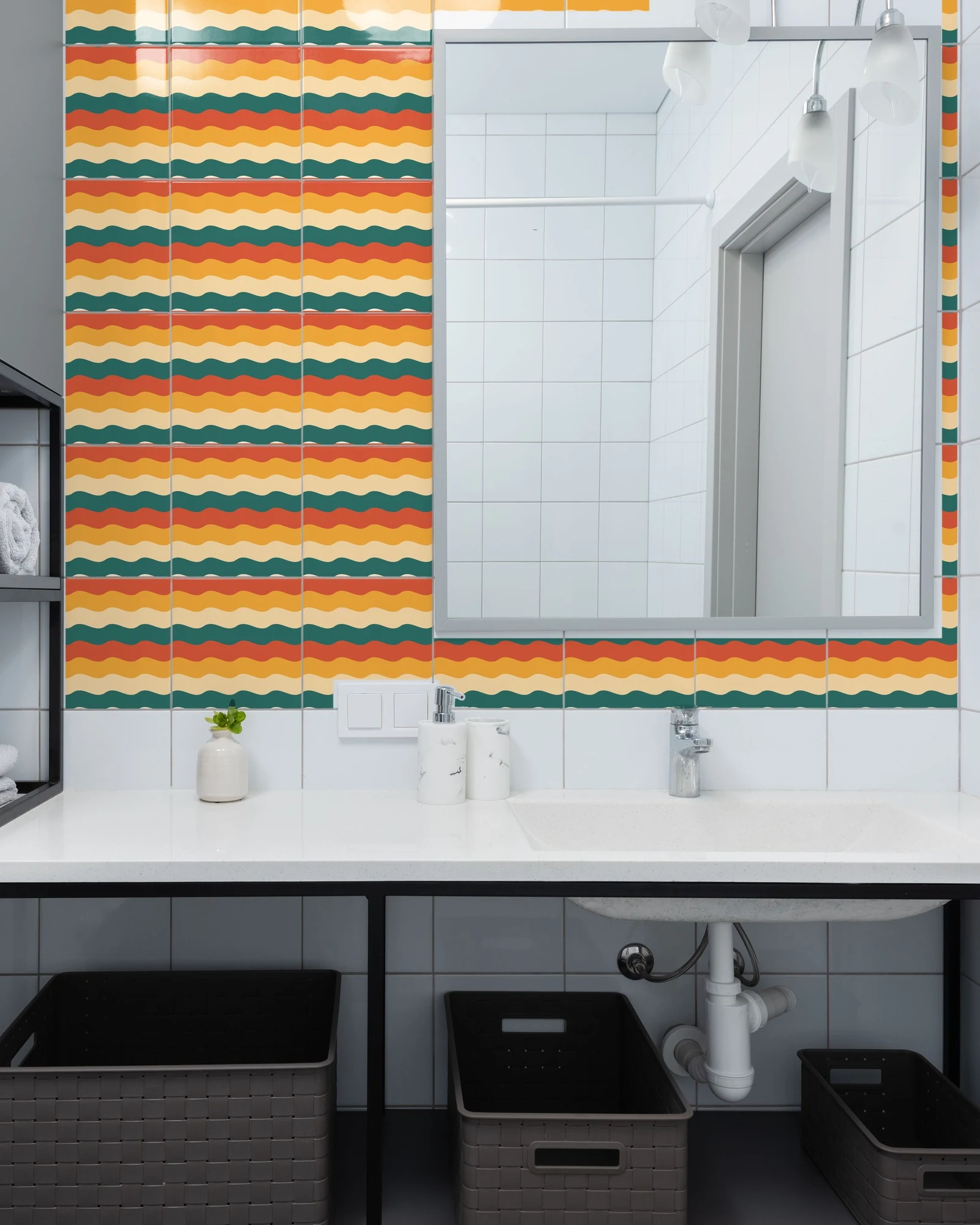 Wavy Stripes tiles as a bathroom backsplash above a vanity