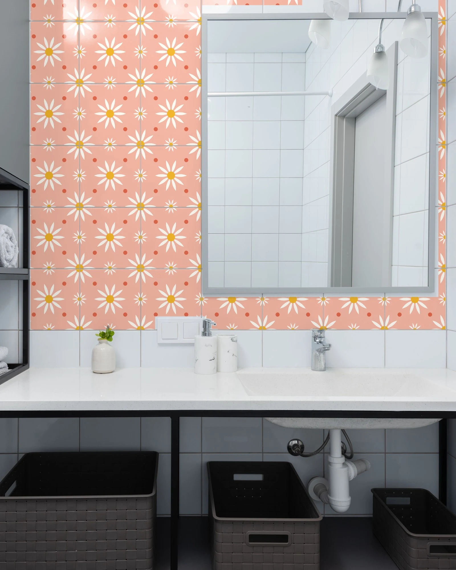 Daisy Field tiles as a bathroom backsplash above a vanity