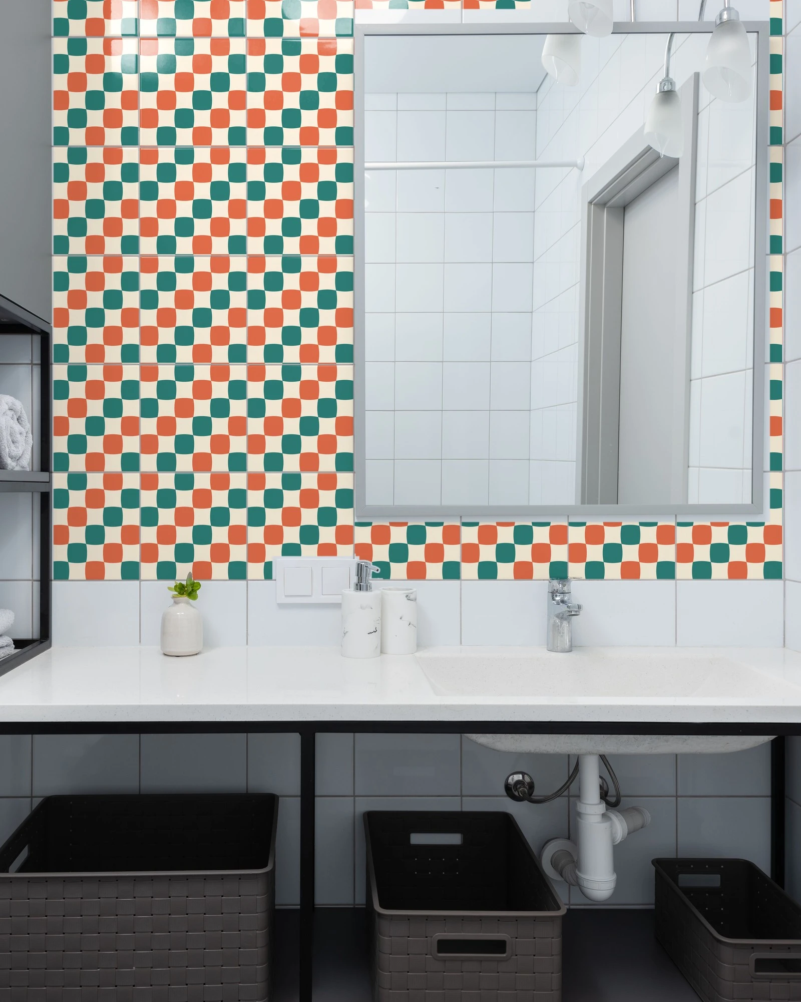 Wavy Checker tiles as a bathroom backsplash above a vanity