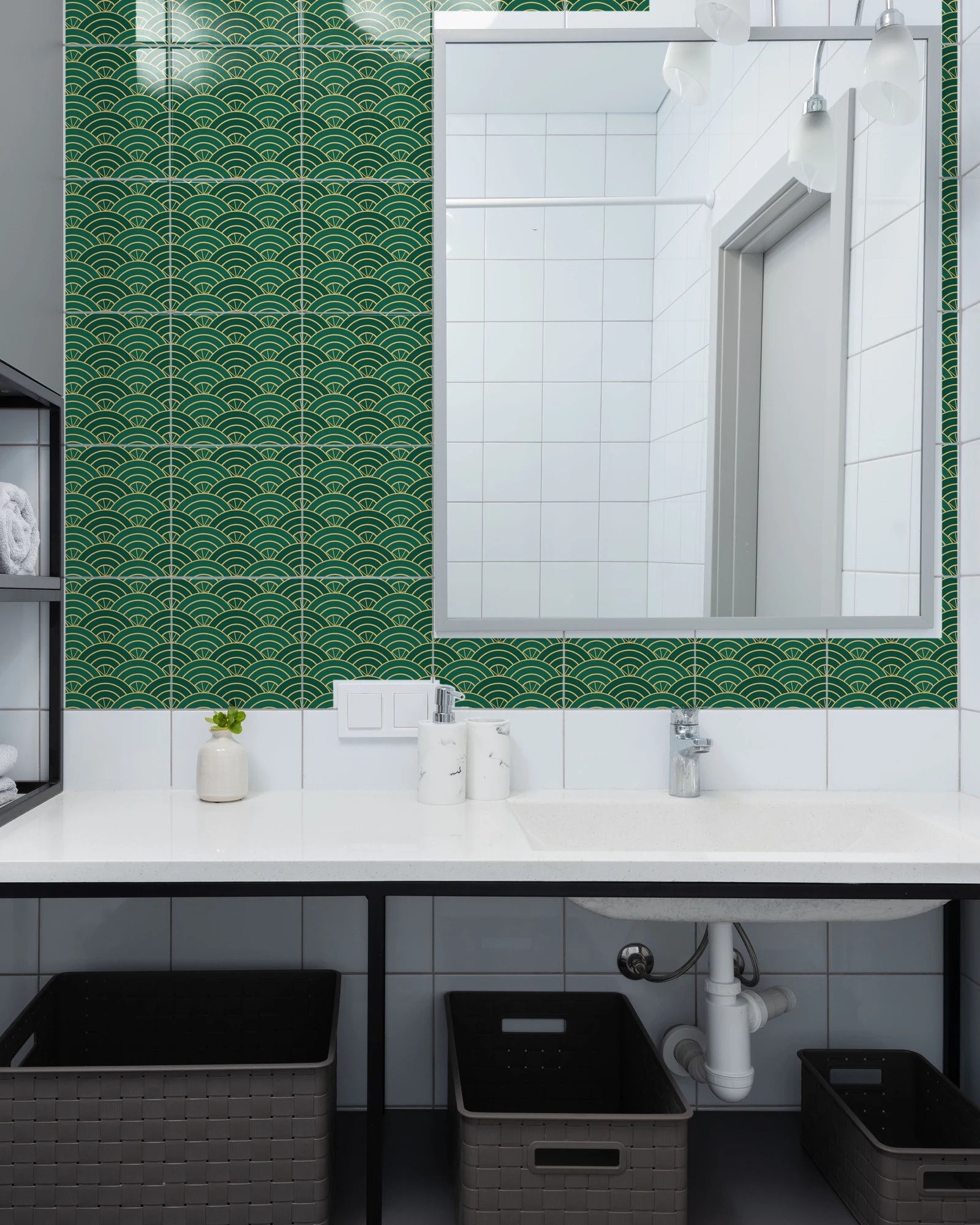 Art Deco Emerald and Gold Fan tiles as a bathroom backsplash above a vanity