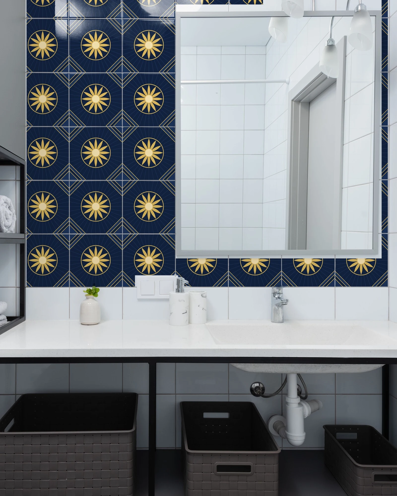 Art Deco Navy and Gold Sunburst tiles as a bathroom backsplash above a vanity