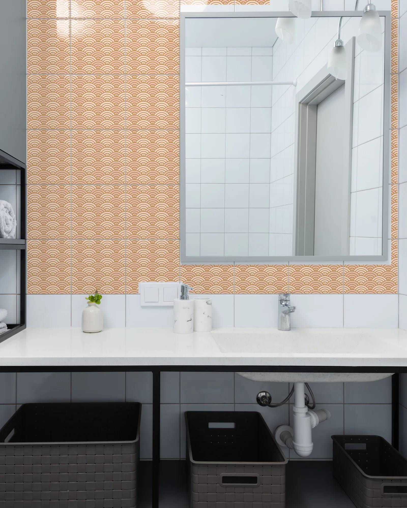 Art Deco Blush and Gold Scallop tiles as a bathroom backsplash above a vanity