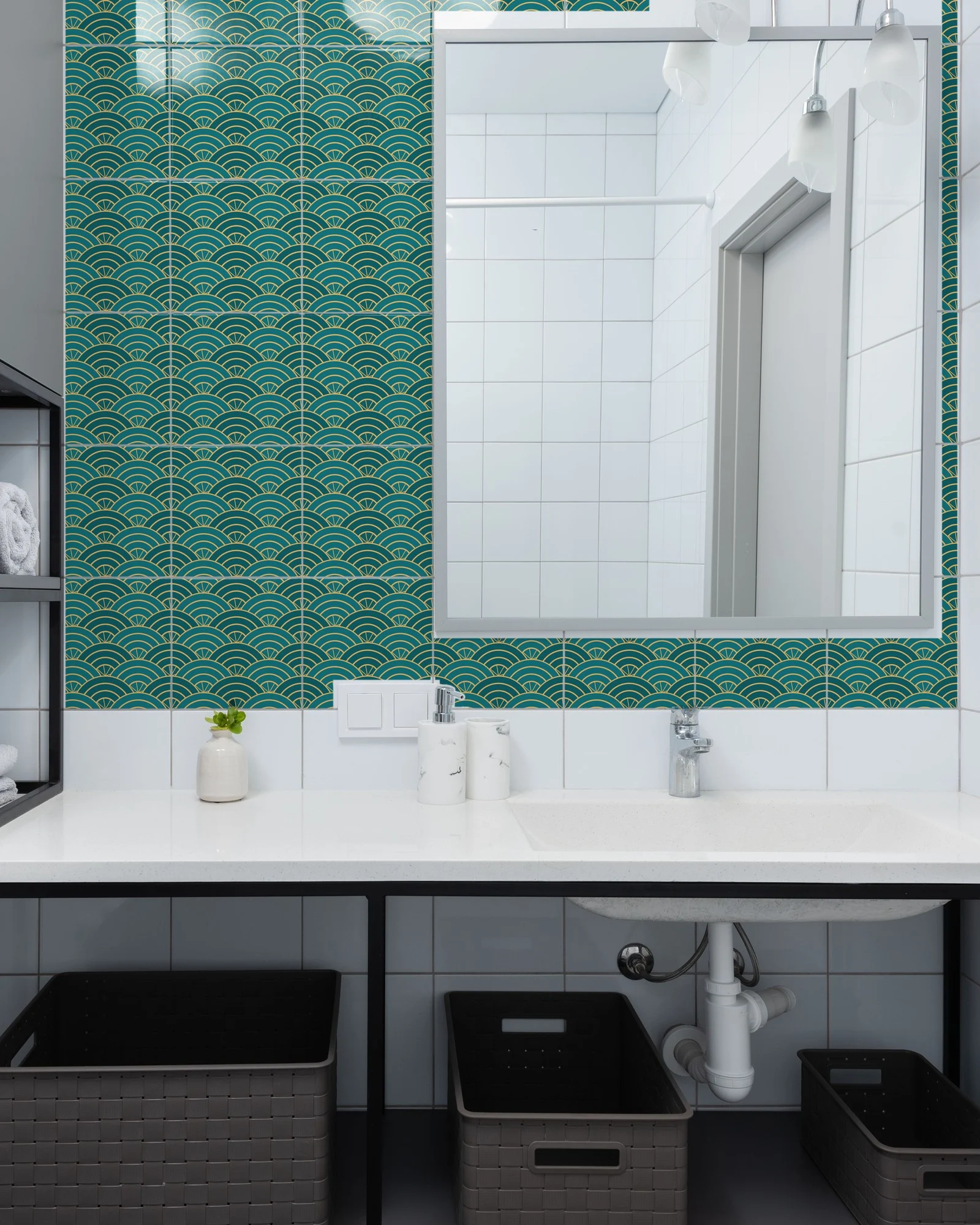 Art Deco Teal and Brass Fan tiles as a bathroom backsplash above a vanity