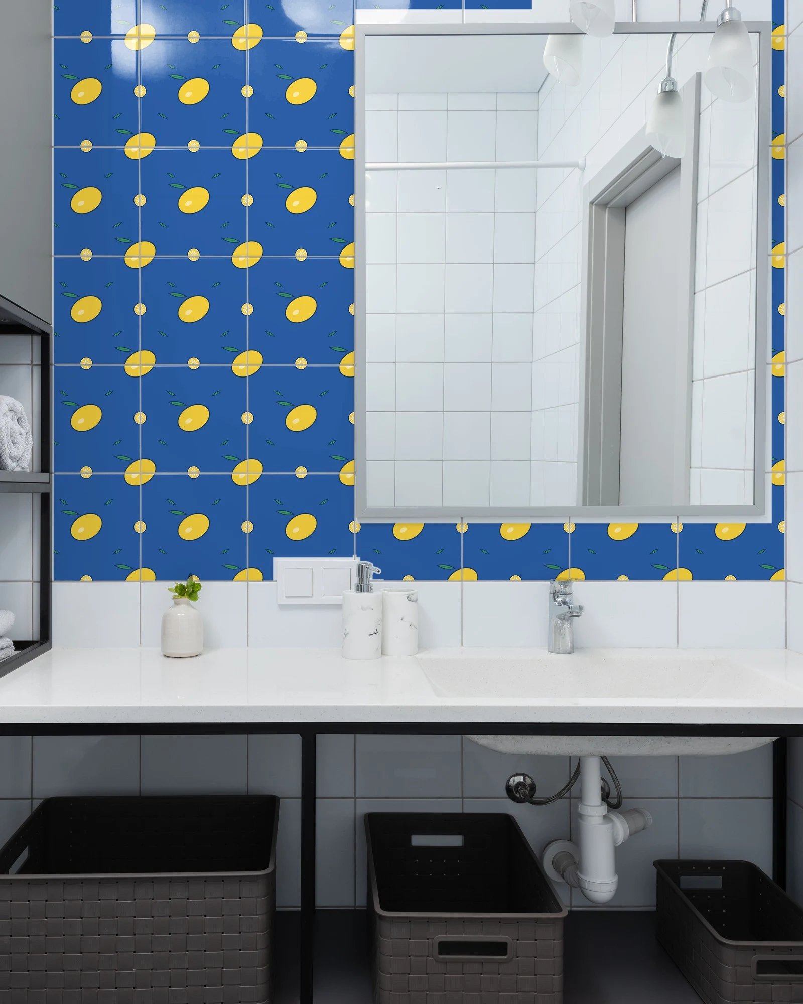 Mediterranean Citrus Lemons on Blue tiles as a bathroom backsplash above a vanity