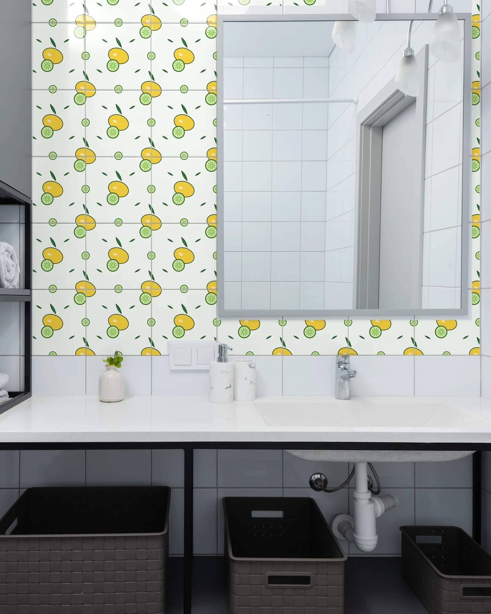 Mediterranean Citrus Lemon and Lime tiles as a bathroom backsplash above a vanity