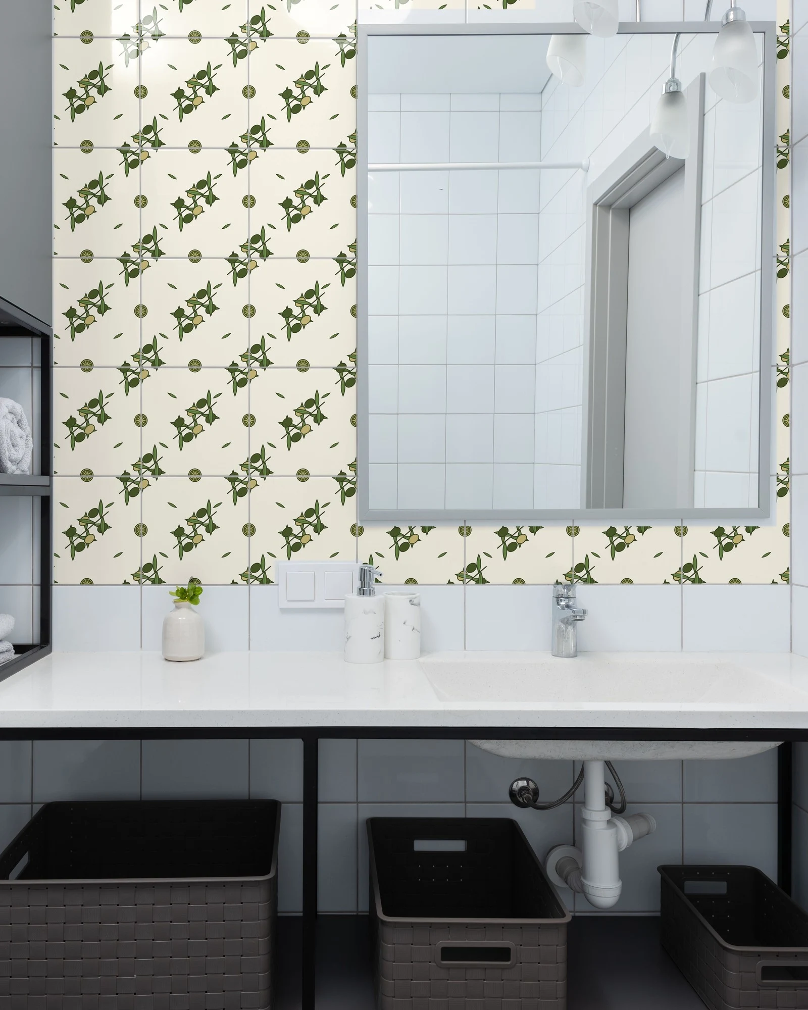 Mediterranean Citrus Olive Branch tiles as a bathroom backsplash above a vanity