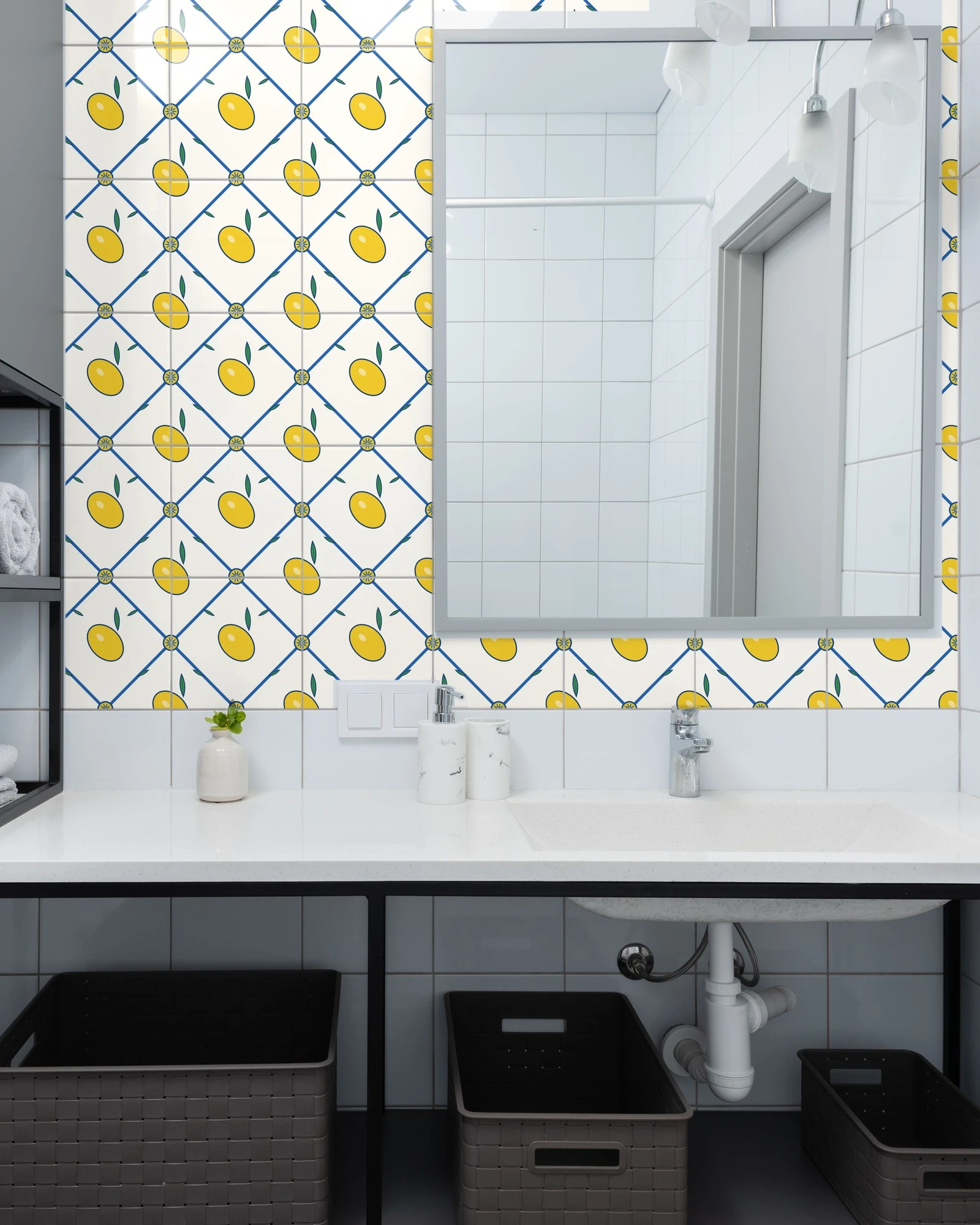 Mediterranean Citrus Amalfi Lemons tiles as a bathroom backsplash above a vanity