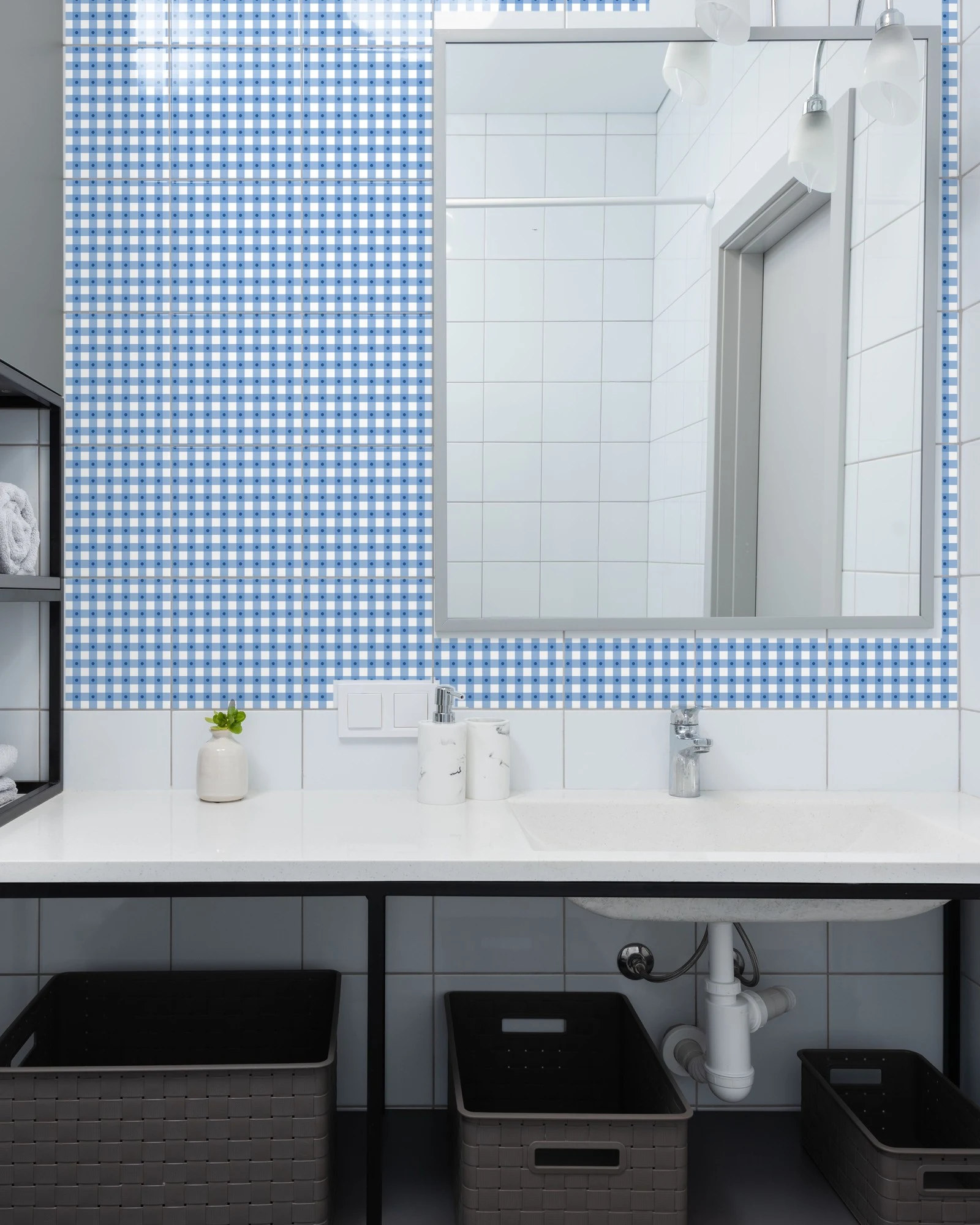 Blue Gingham tiles as a bathroom backsplash above a vanity