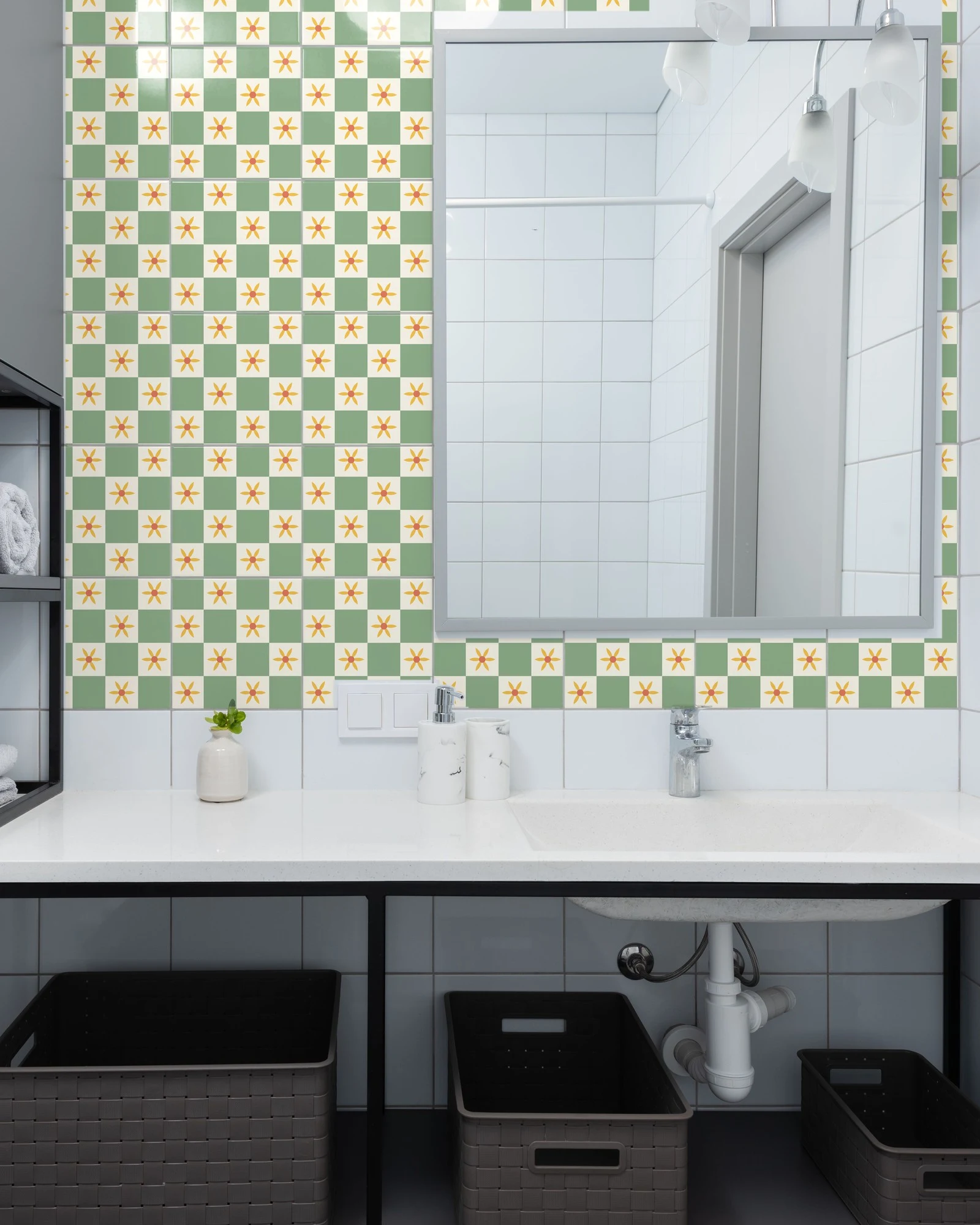 Sage Flower Check tiles as a bathroom backsplash above a vanity