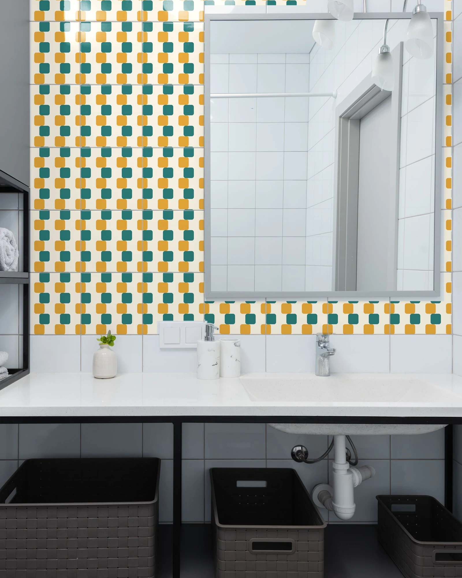Offset Mustard and Teal tiles as a bathroom backsplash above a vanity
