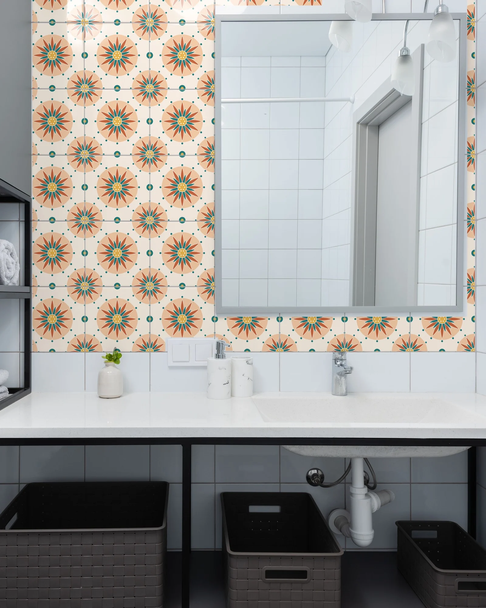 Boho Mandala Terracotta and Teal tiles as a bathroom backsplash above a vanity