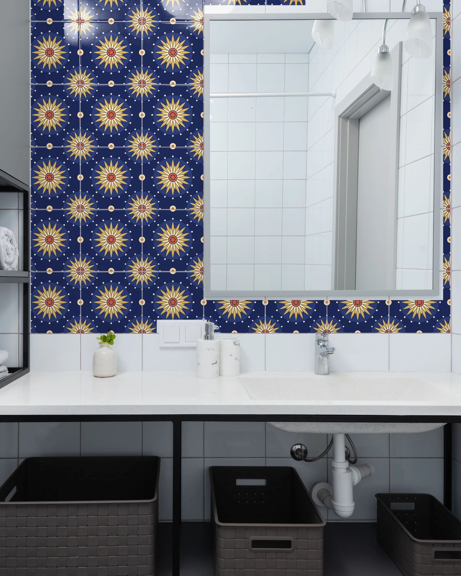 Boho Mandala Indigo and Gold tiles as a bathroom backsplash above a vanity