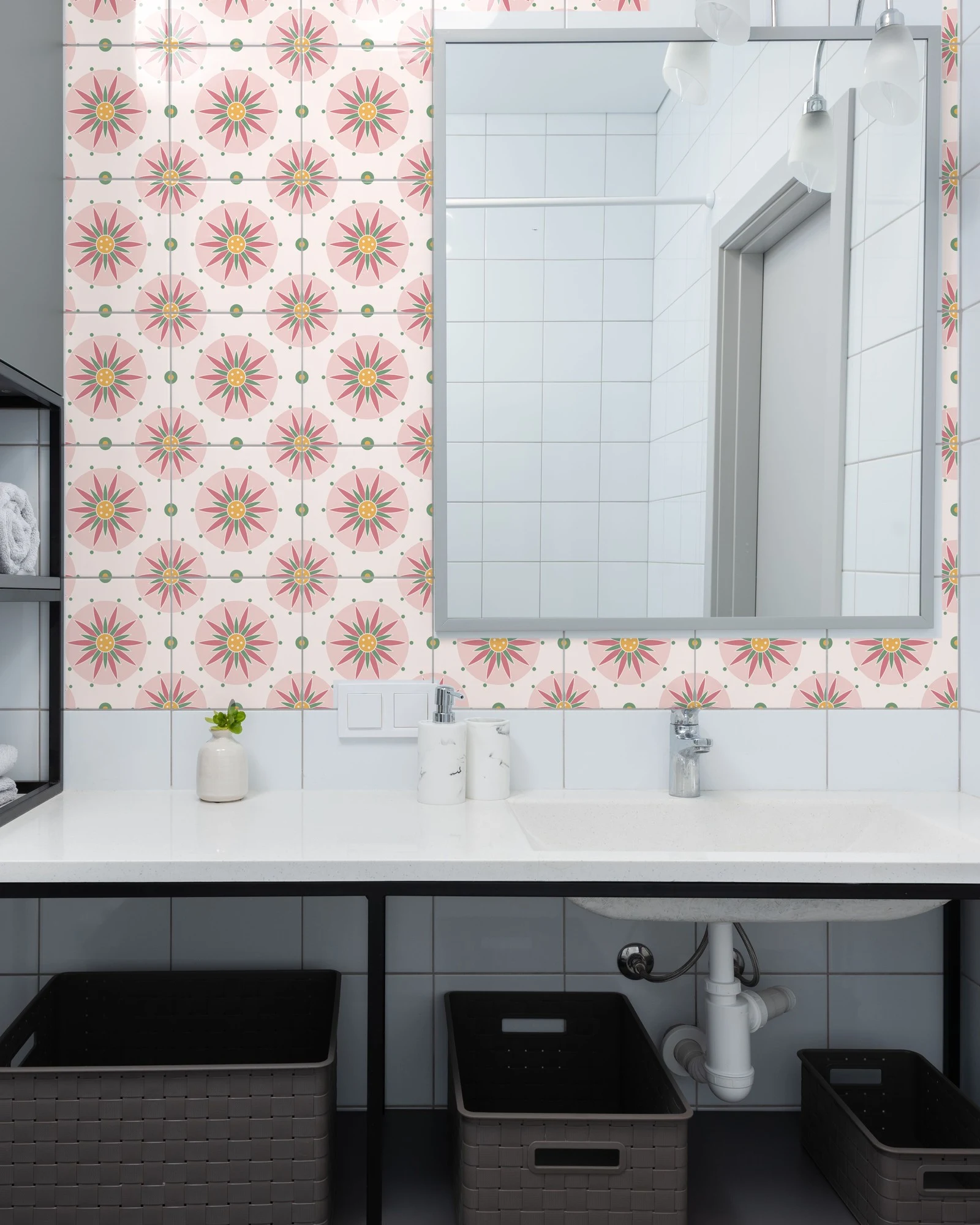 Boho Mandala Rose and Sage tiles as a bathroom backsplash above a vanity