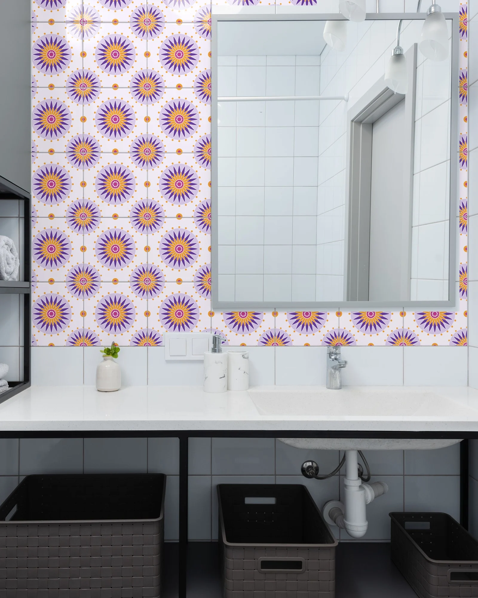Boho Mandala Purple and Saffron tiles as a bathroom backsplash above a vanity