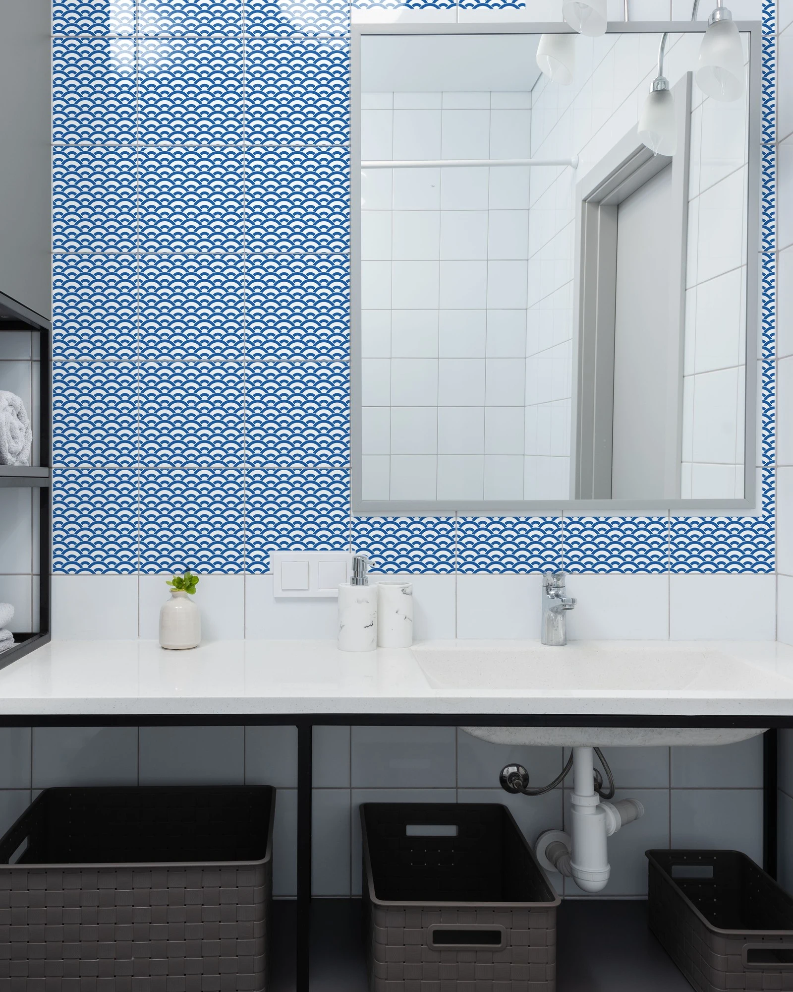 Japanese Wave Seigaiha tiles as a bathroom backsplash above a vanity