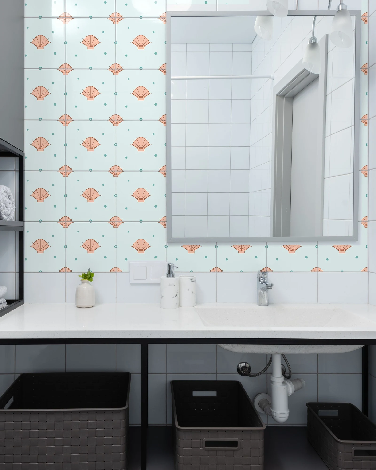 Scallop Shell tiles as a bathroom backsplash above a vanity