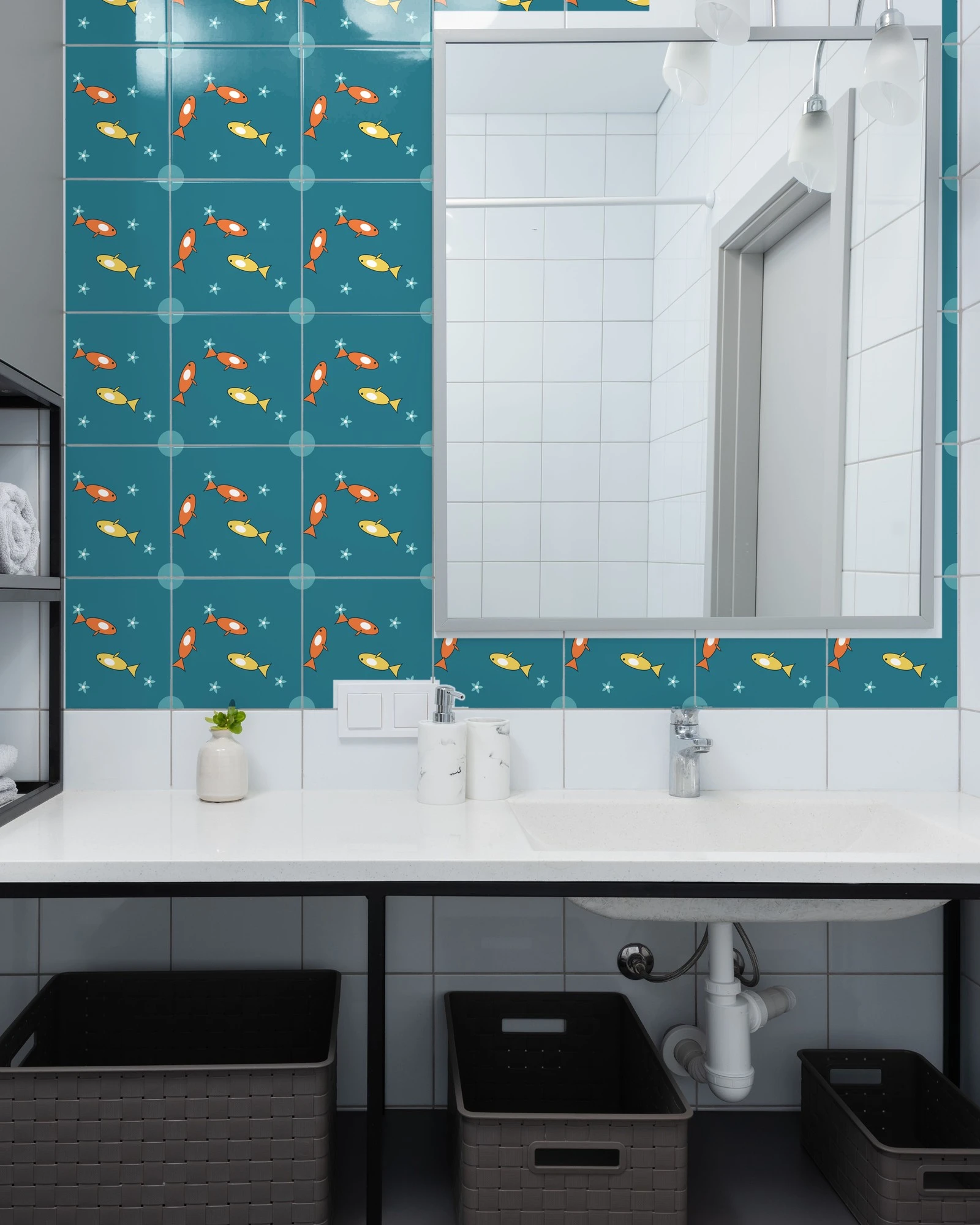 Koi Pond tiles as a bathroom backsplash above a vanity