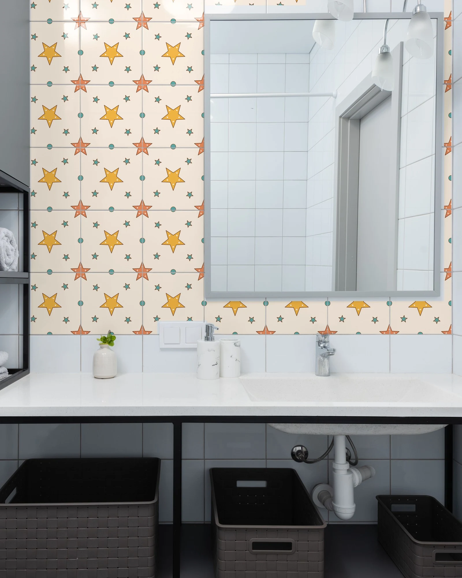 Starfish and Shells tiles as a bathroom backsplash above a vanity