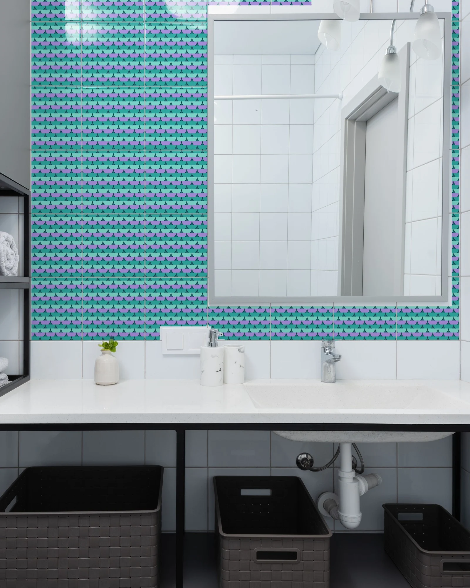 Mermaid Scales tiles as a bathroom backsplash above a vanity